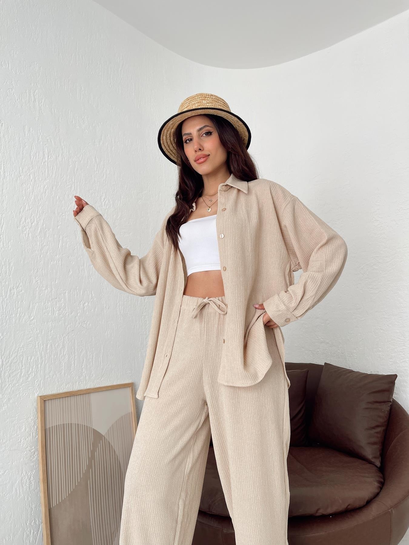 Kırçıllı Oversize Gömlek TAŞ