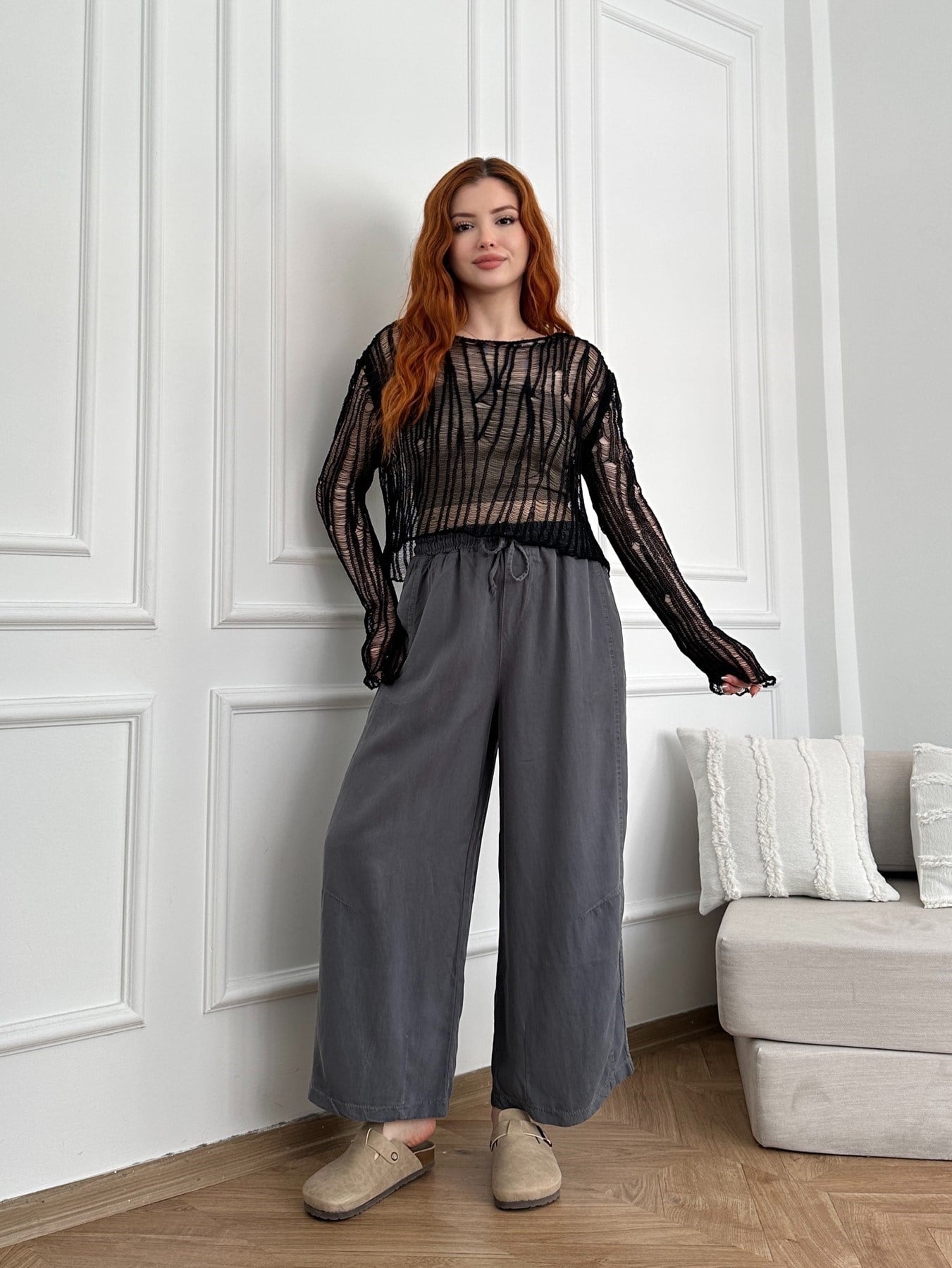 Kısa Bol Paça Tencel Pantolon Antrasit