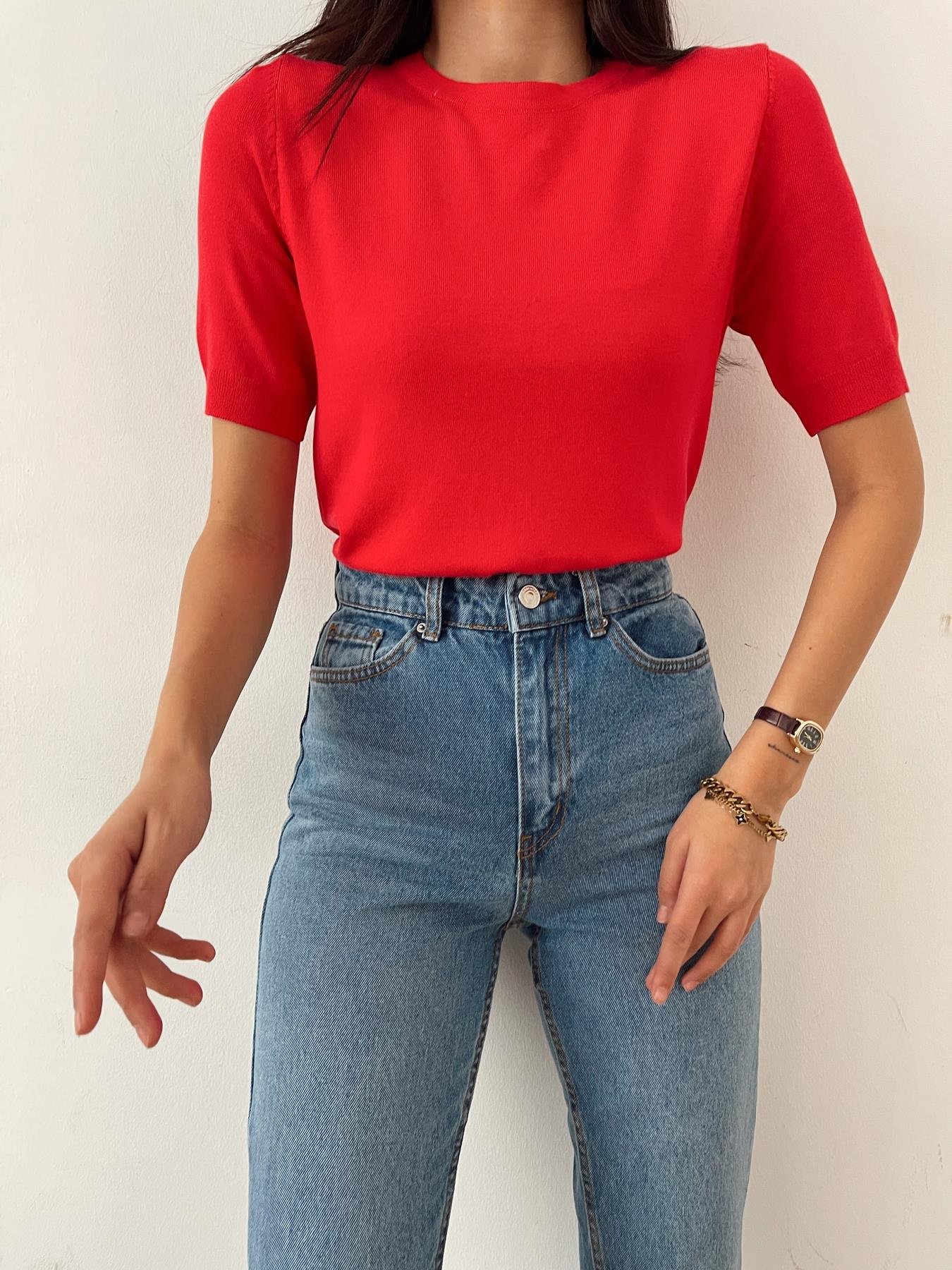 Kısa Kol Arkası Düğmeli Triko KIRMIZI