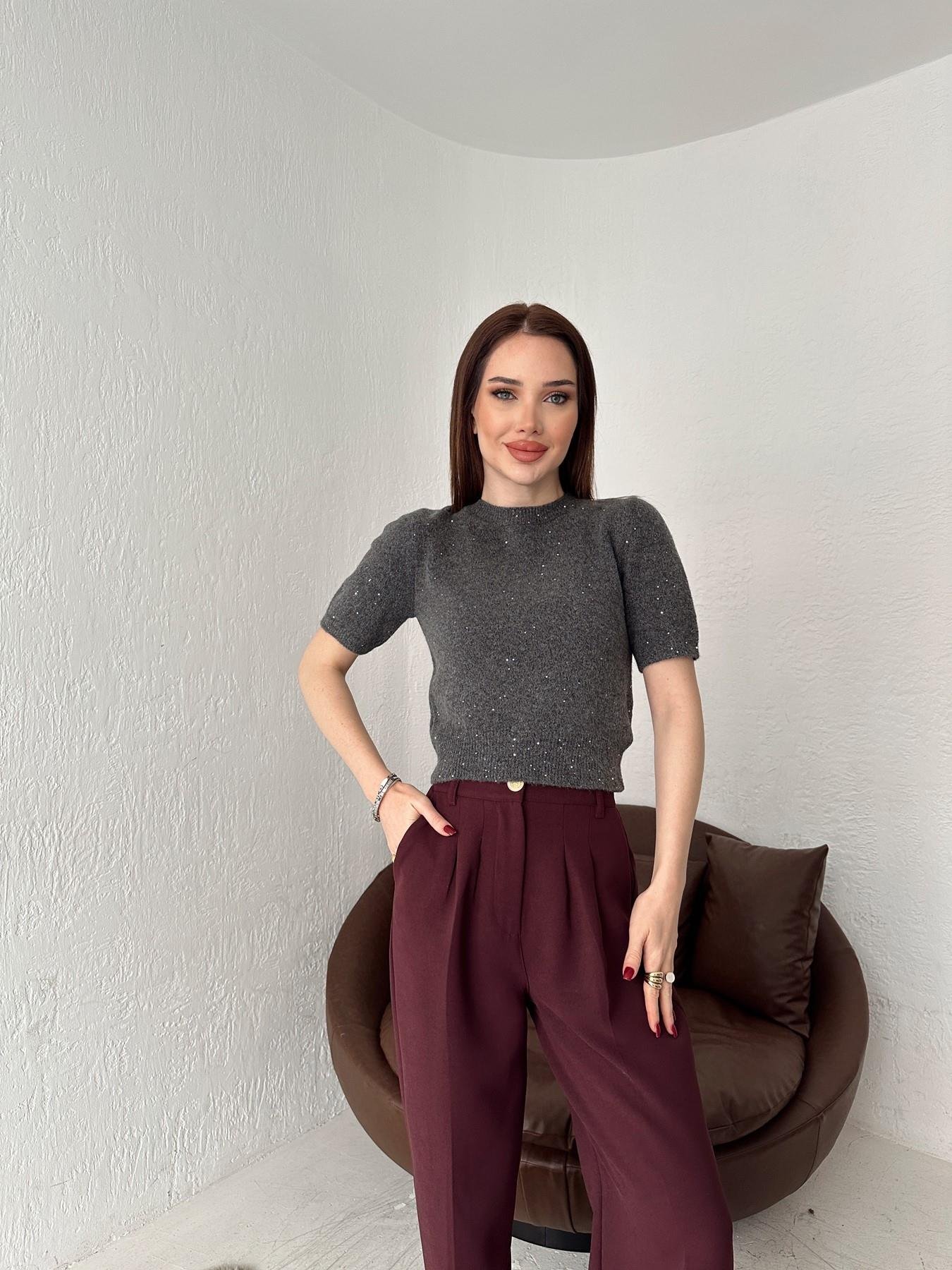 Kısa Kol Pullu Simli Triko FÜME