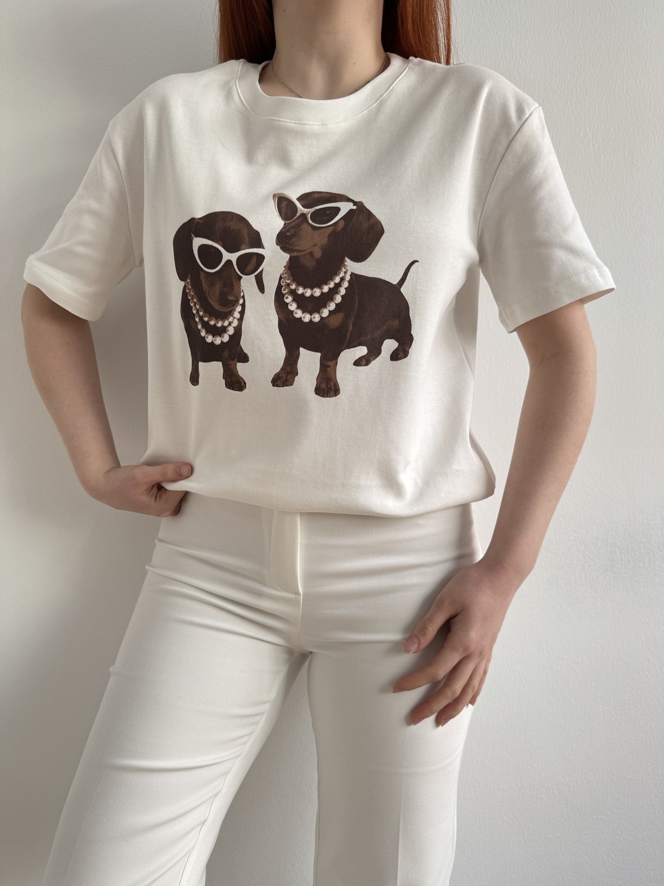 Kolyeli Köpek Baskılı Tshirt Ekru