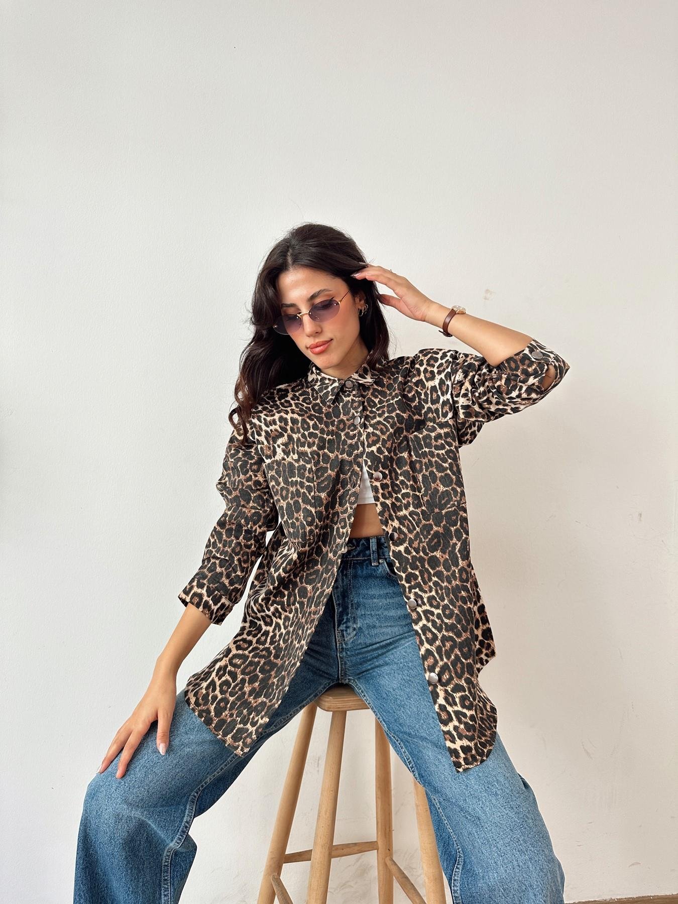 Leopar Gabardin Gömlek KAHVE
