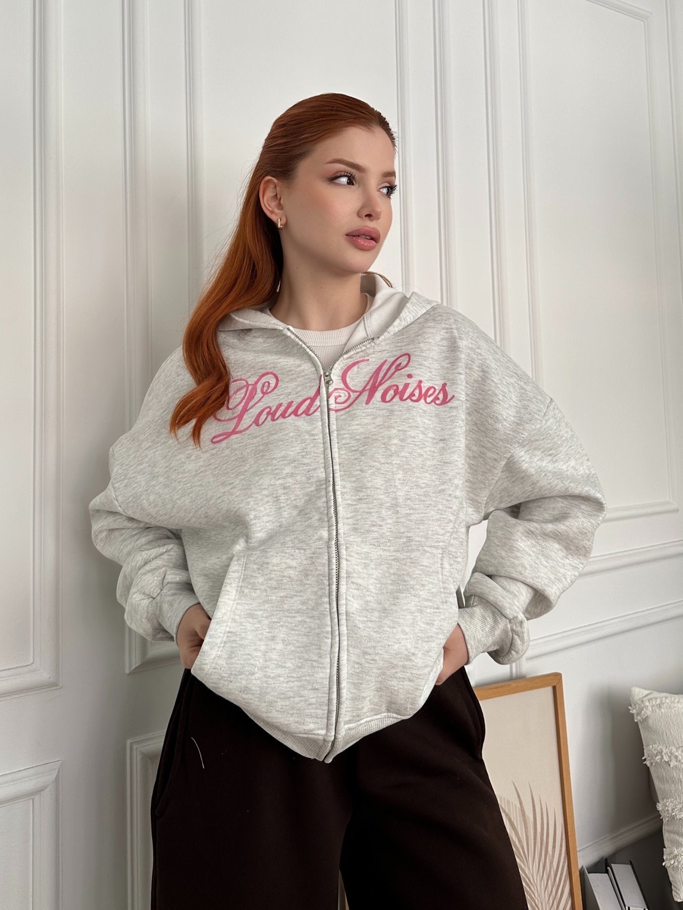 Loud Noises Baskılı Fermuarlı Kapüşonlu Sweatshirt Gri-gümüş