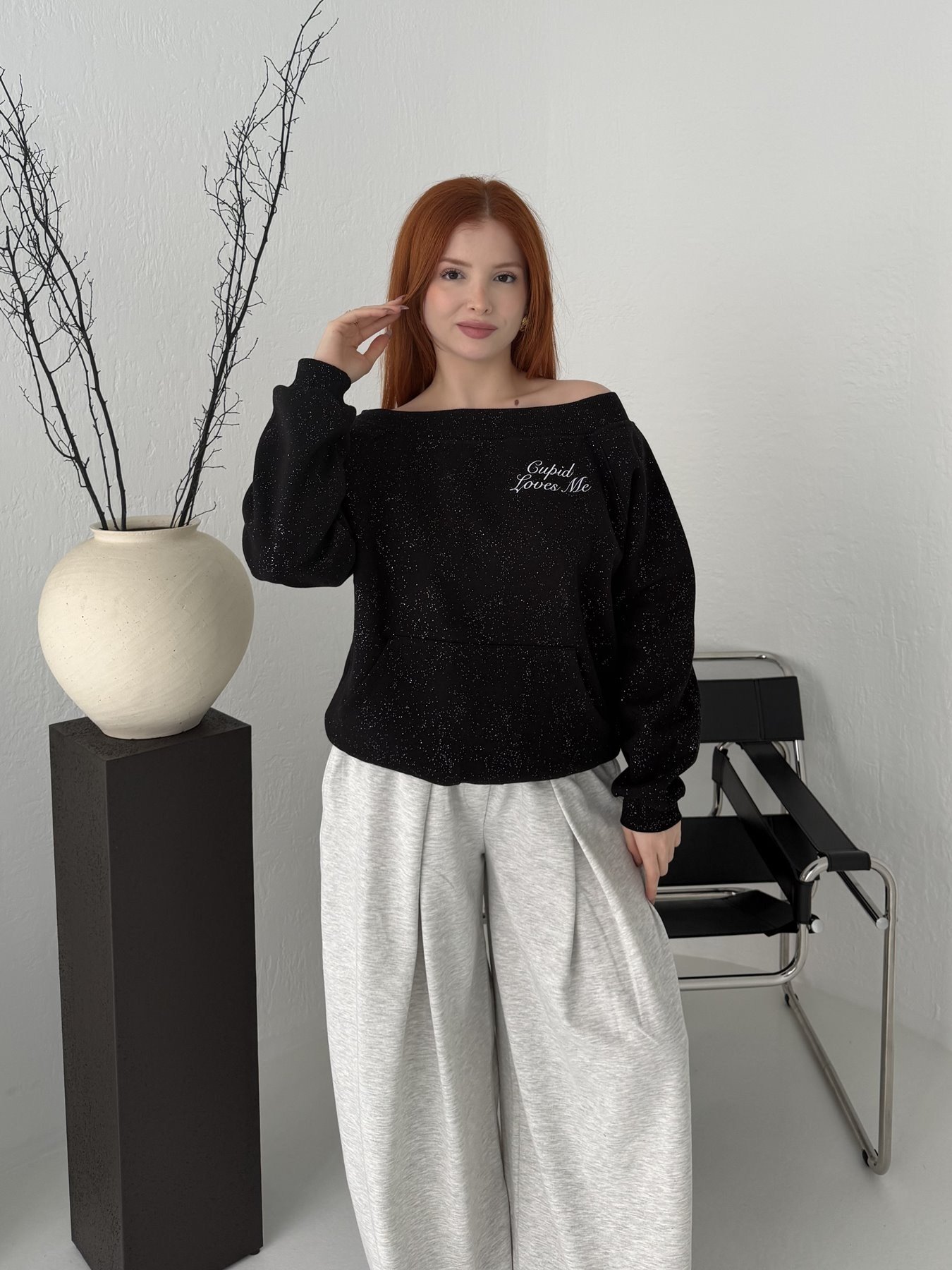 Melek Kanadı Taşlı Oversize Sweatshirt Siyah-gümüş
