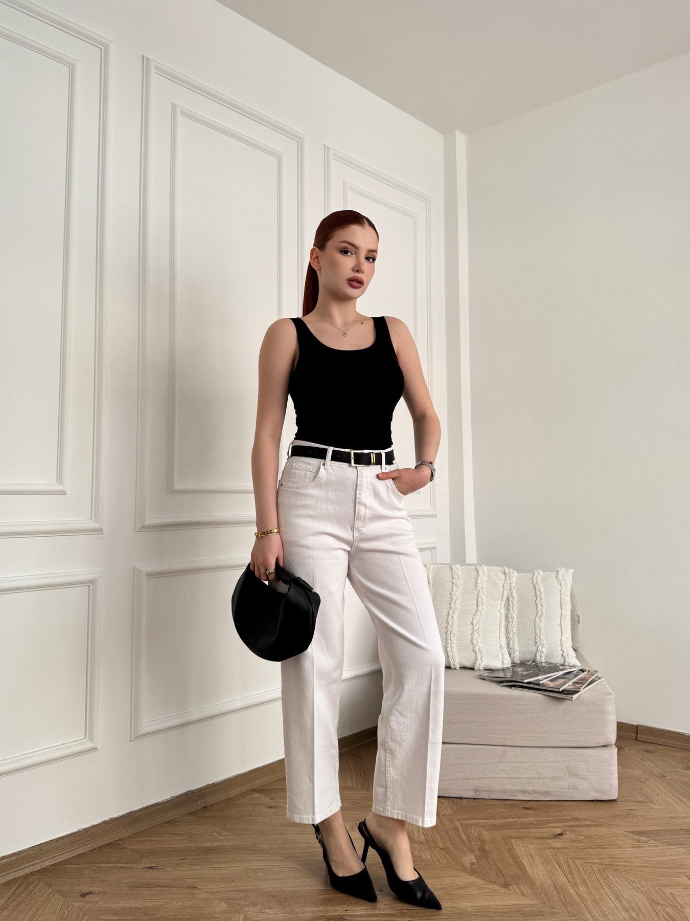 Mom Fit Kemerli Jean Beyaz