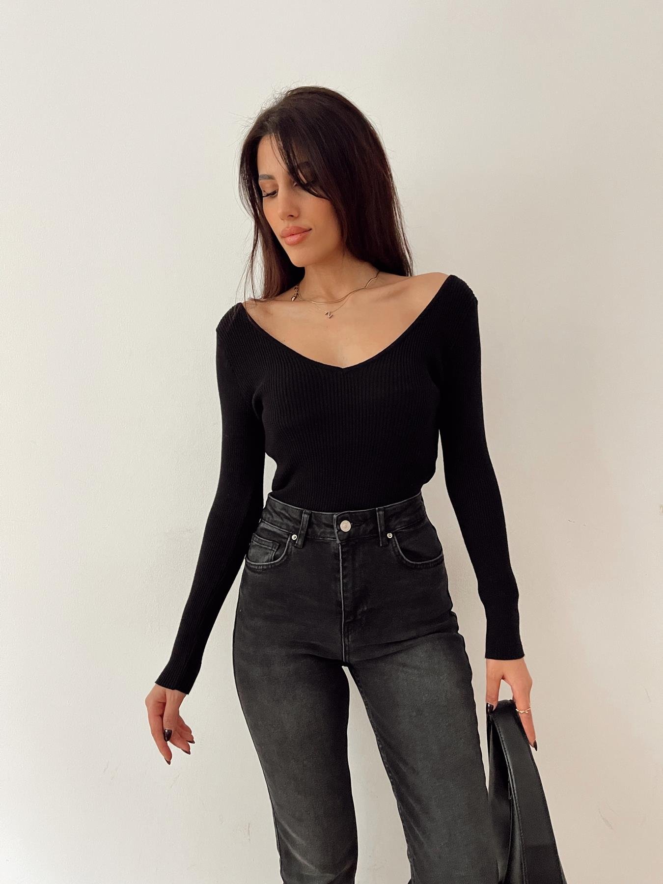 Ön Arka V Yaka Fitilli Kazak SİYAH