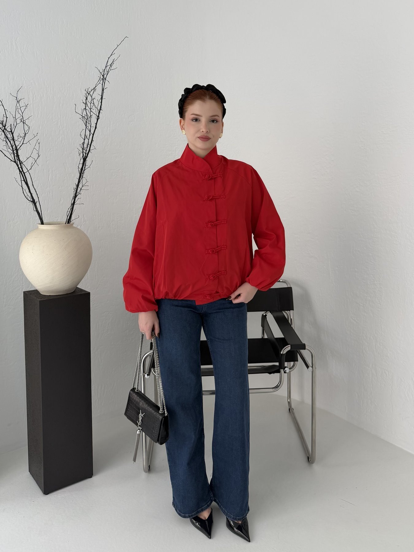 Oversize Çin Düğmeli Mont Kırmızı