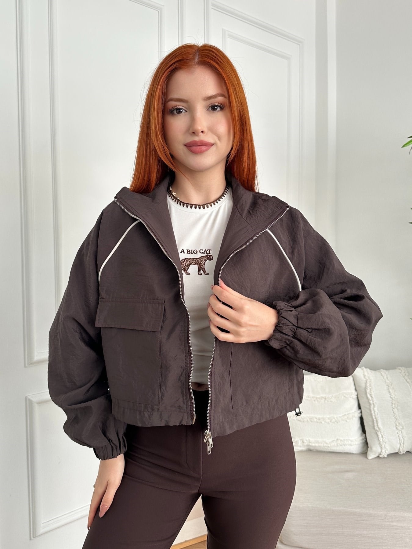 Oversize Crop Paraşüt Ceket Kahve