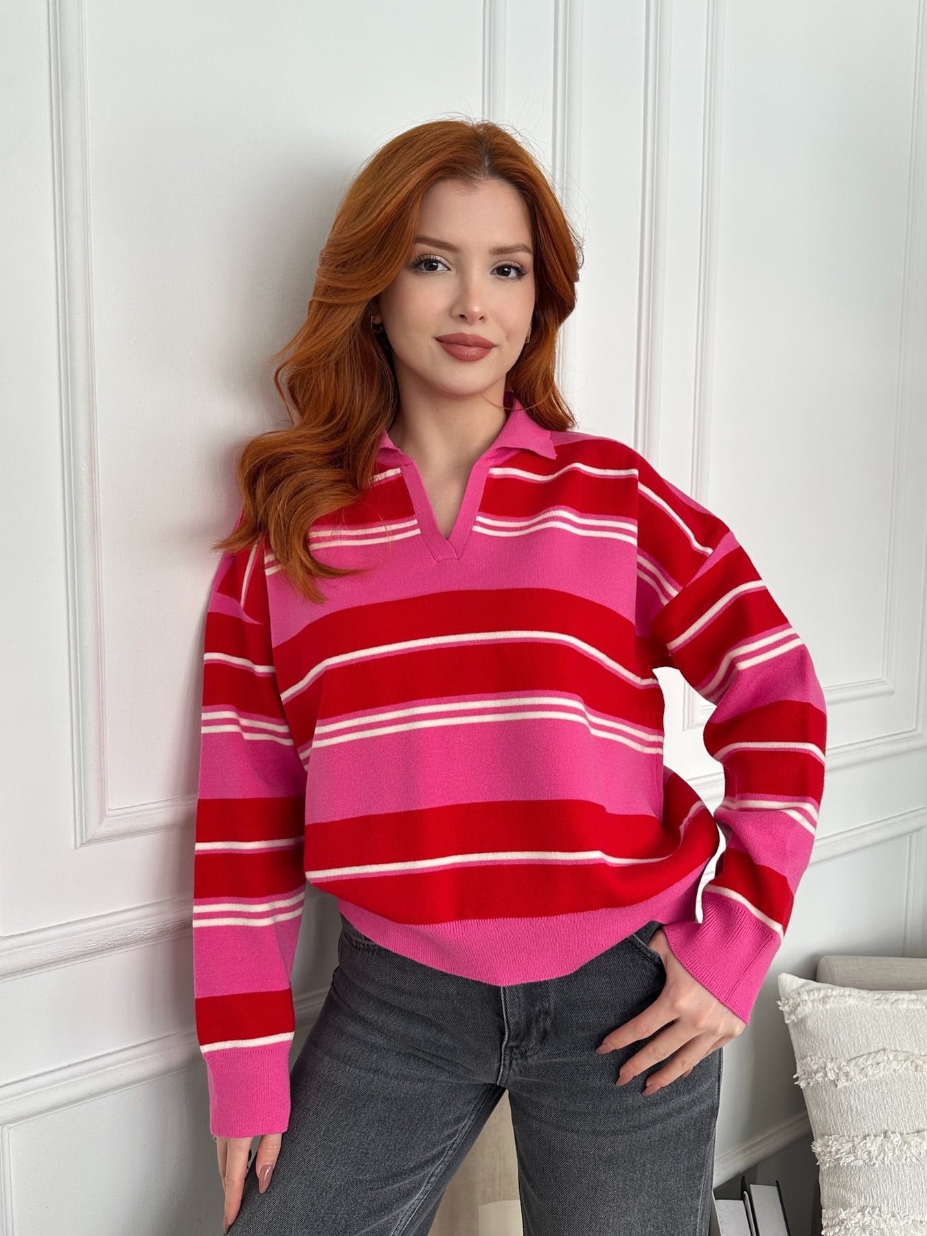 Oversize Polo Yaka Çizgili Triko Pembe