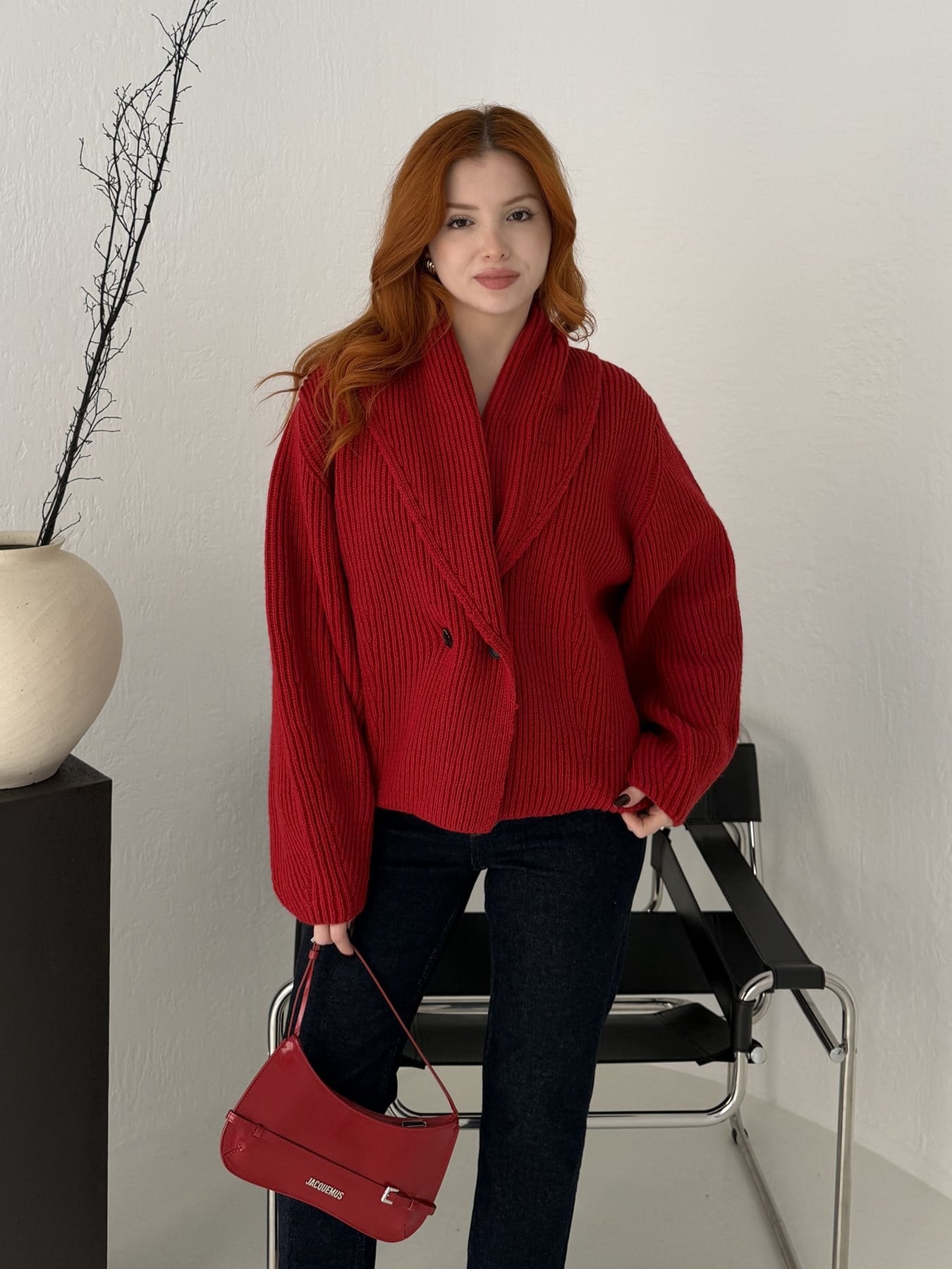 Oversize Şal Yaka Hırka Kırmızı