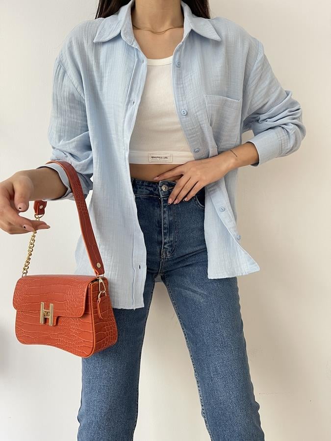 Oversize Tek Cep Pamuklu Gömlek MAVİ