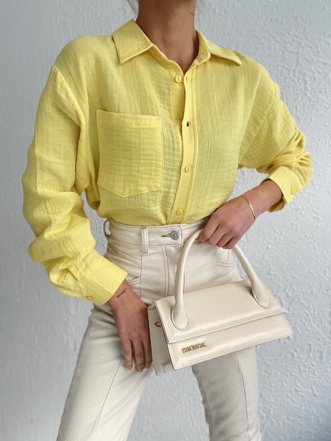 Oversize Tek Cep Pamuklu Gömlek SARI