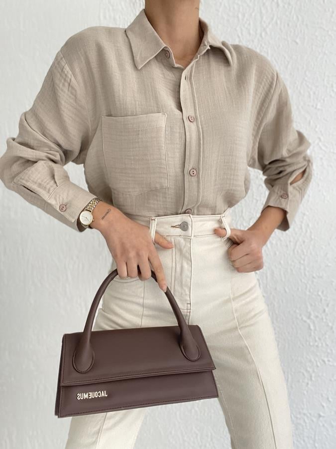 Oversize Tek Cep Pamuklu Gömlek VİZON