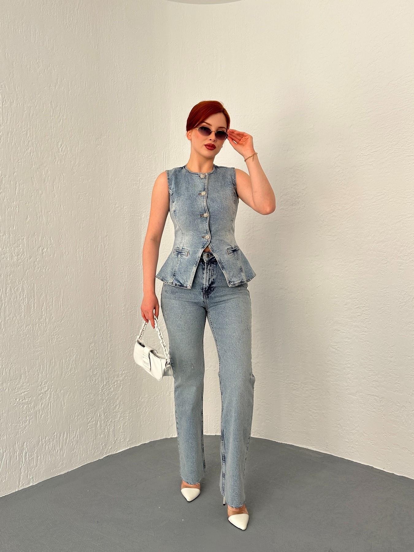 Paçası Dikişsiz Yıpratmalı Jean 14 açık mavi