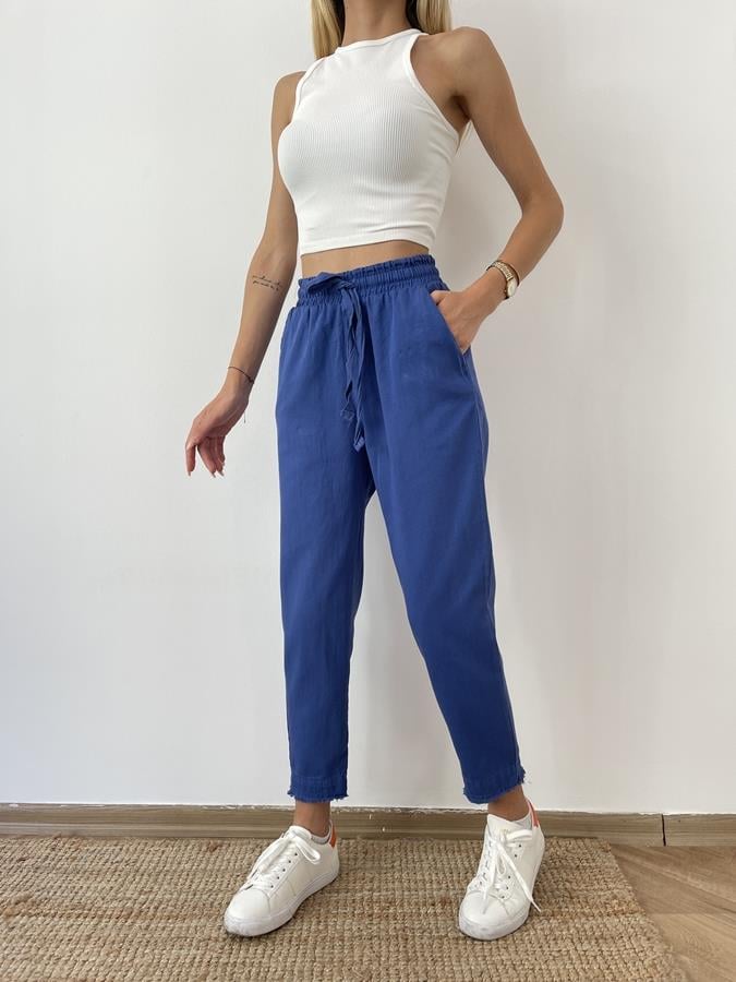 Paçası Püskül Detay Lastikli Pantolon Saks