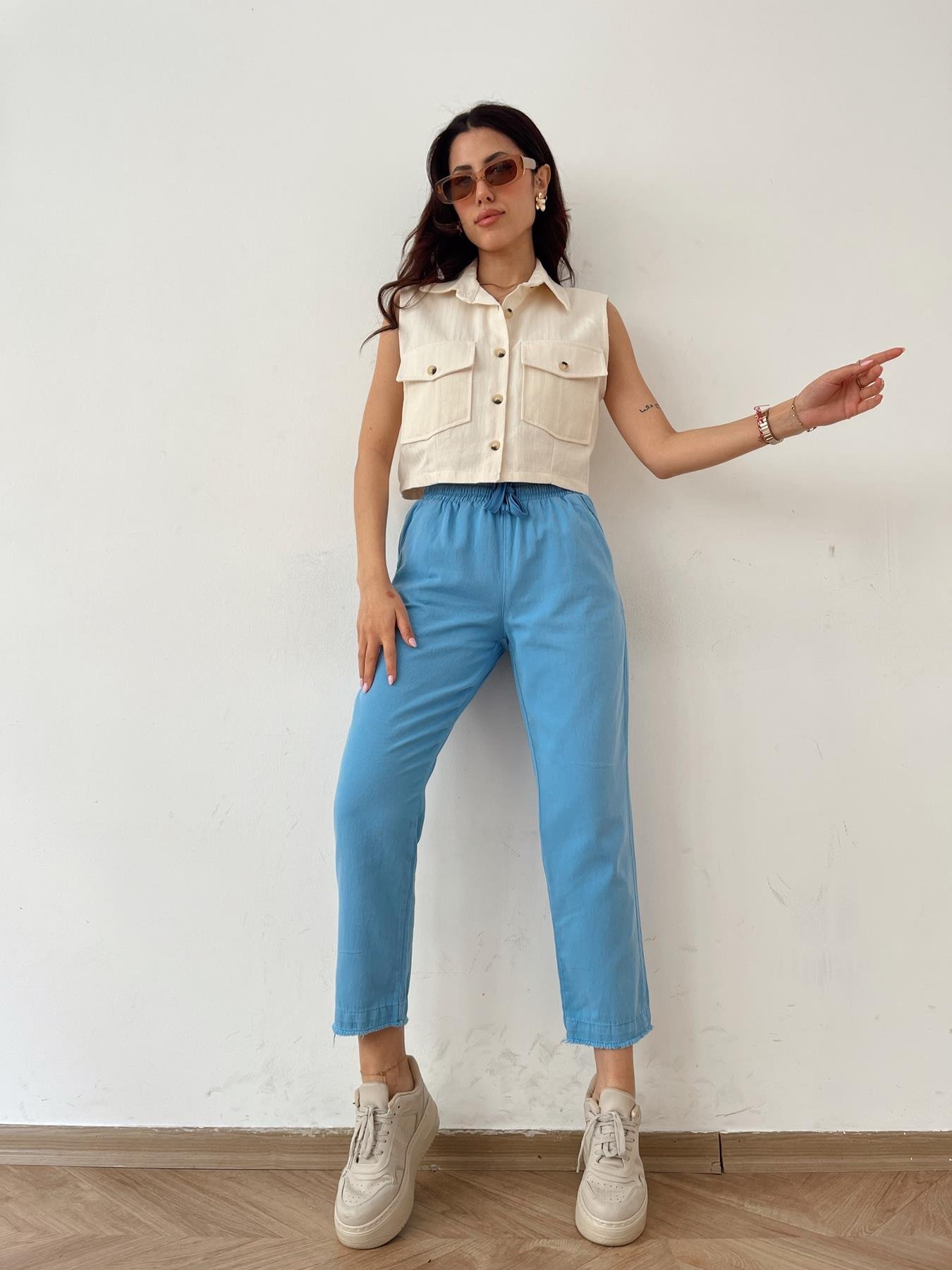 Paçası Püskül Detay Lastikli Pantolon Mavi