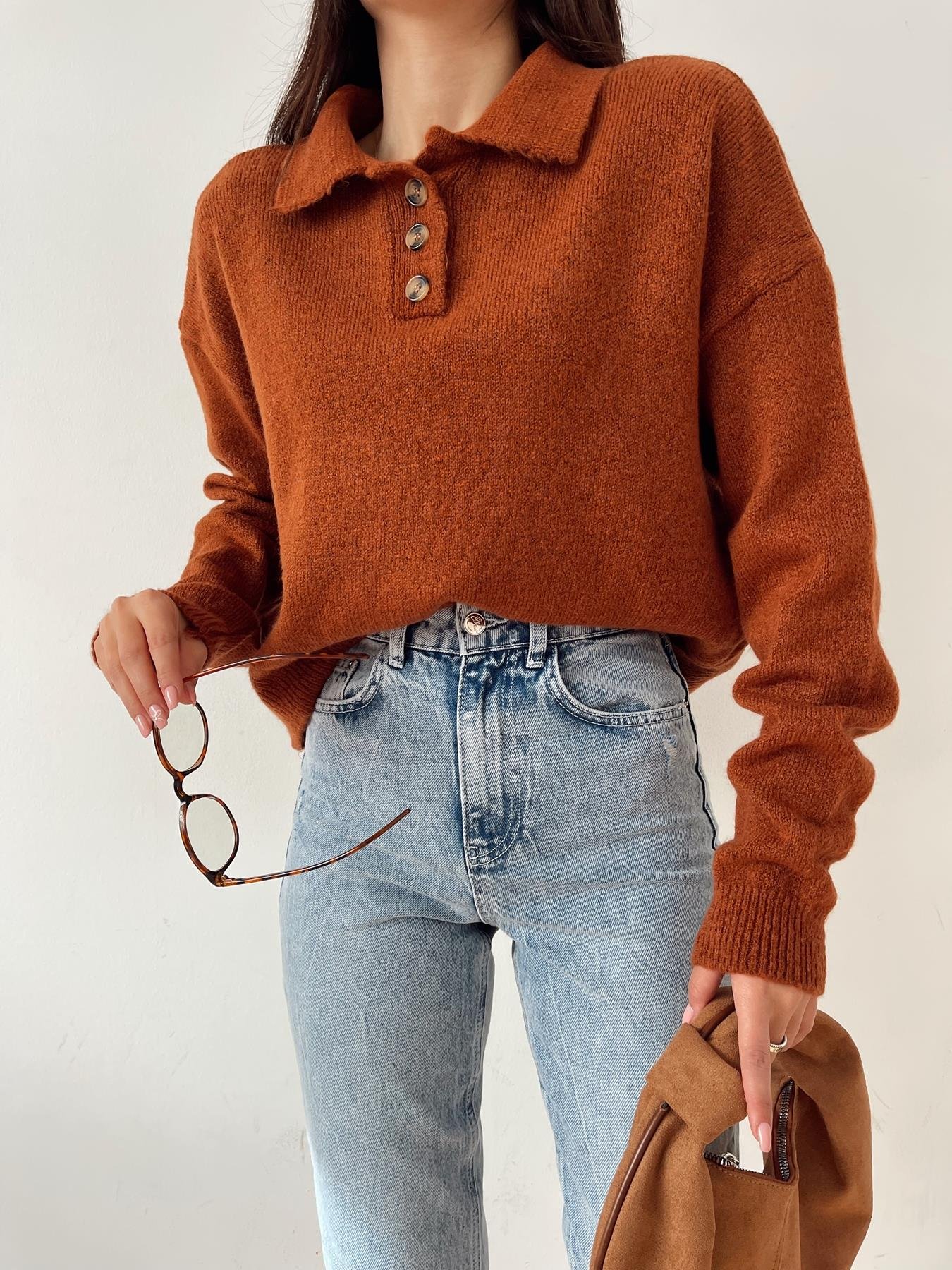 Polo Yaka Düğmeli Kazak KAHVE