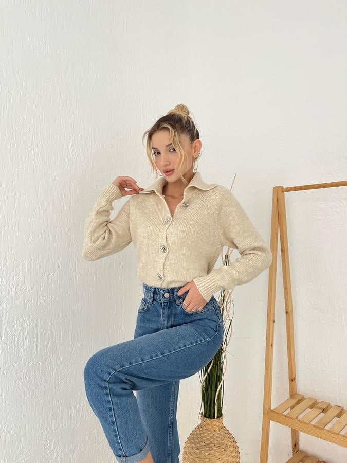 Polo Yaka Taş Düğmeli Hırka TAŞ