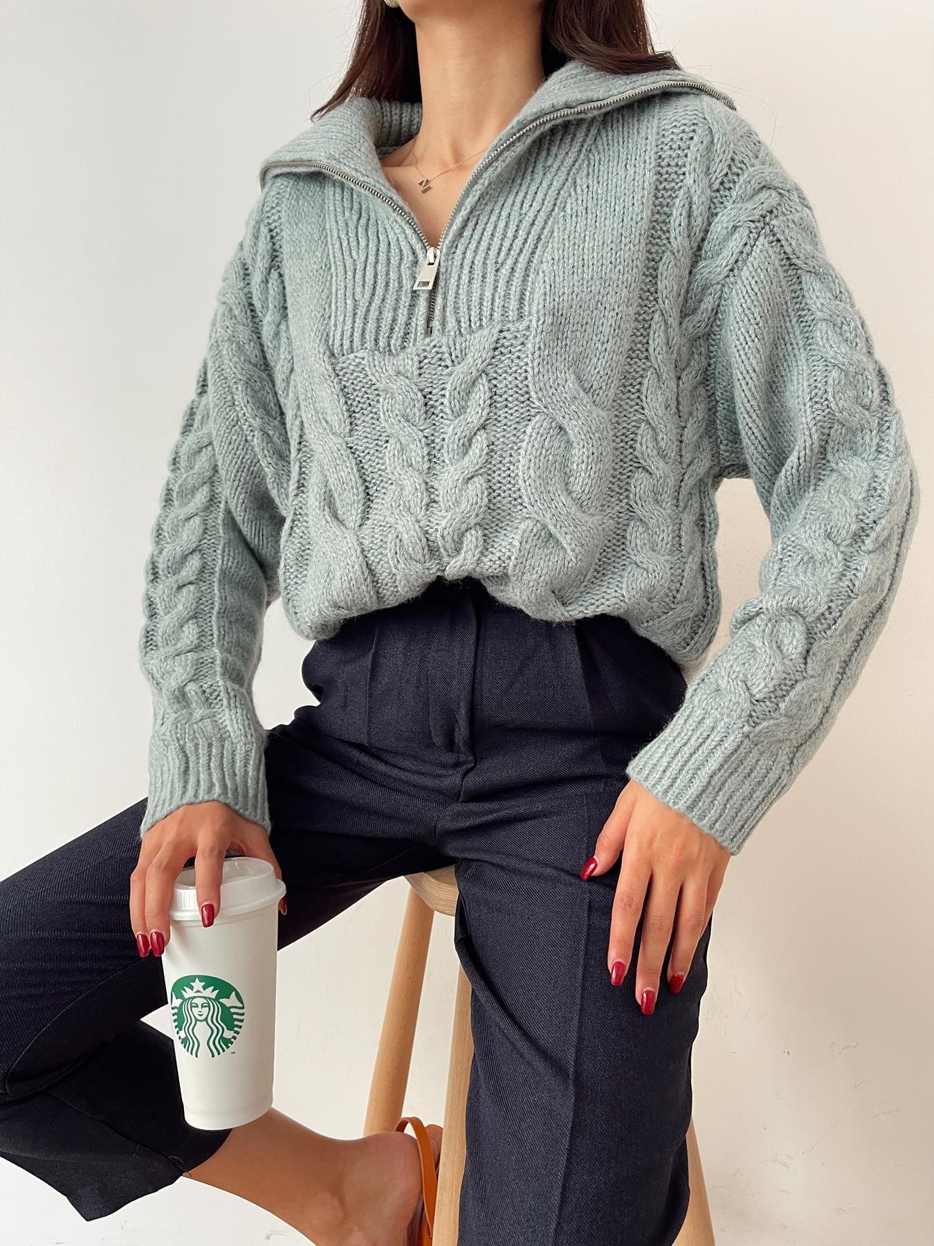 Saç Örgü Polo Yaka Kazak MİNT