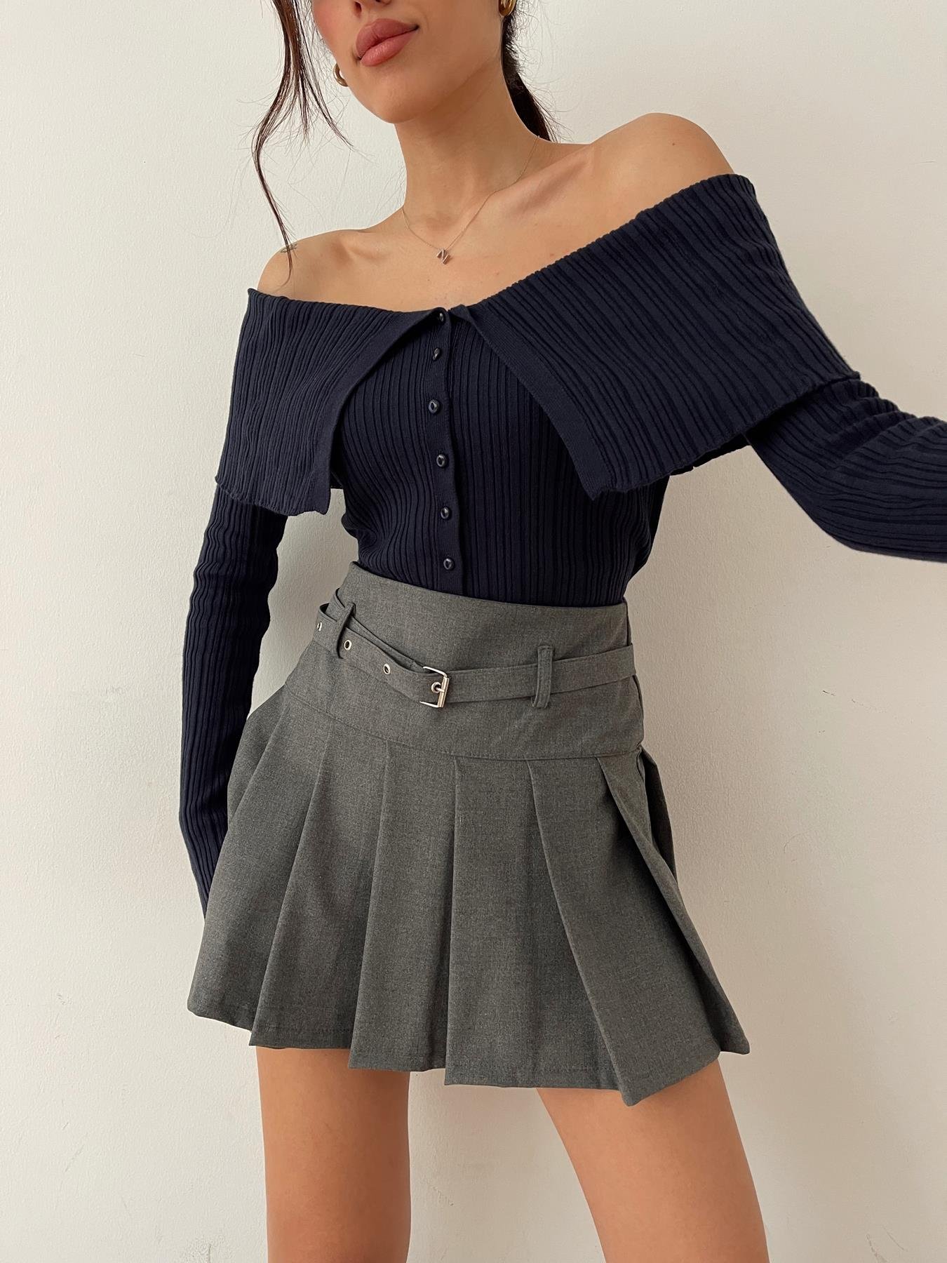 Şal Yaka Fitilli Bluz LACİVERT