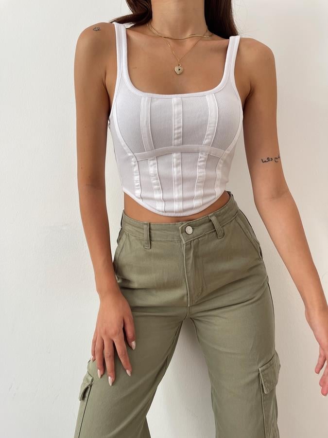 Sırtı Fermuarlı Korse Crop BEYAZ