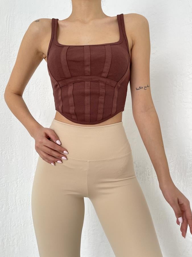 Sırtı Fermuarlı Korse Crop KAHVE