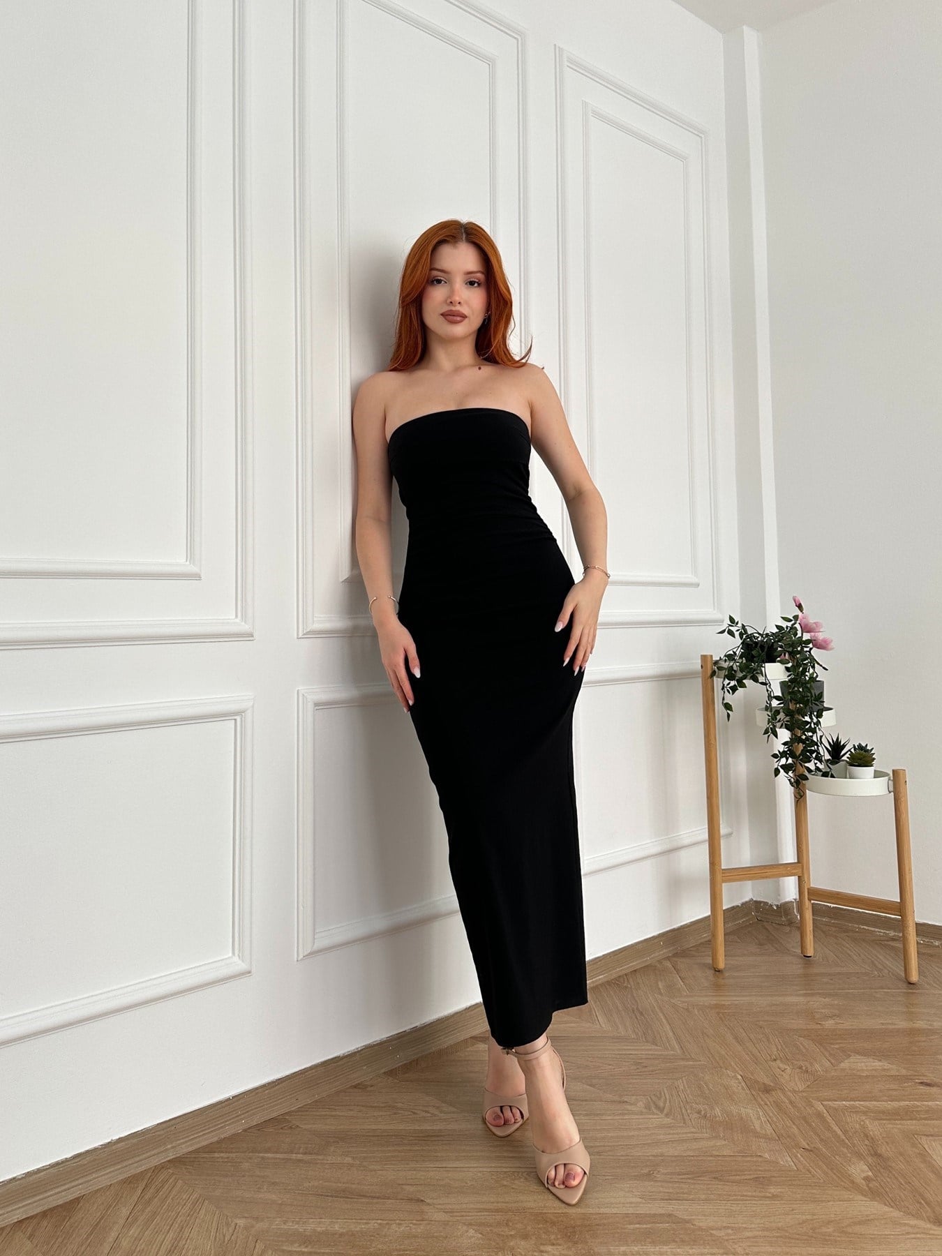 Straplez Midi Elbise Siyah
