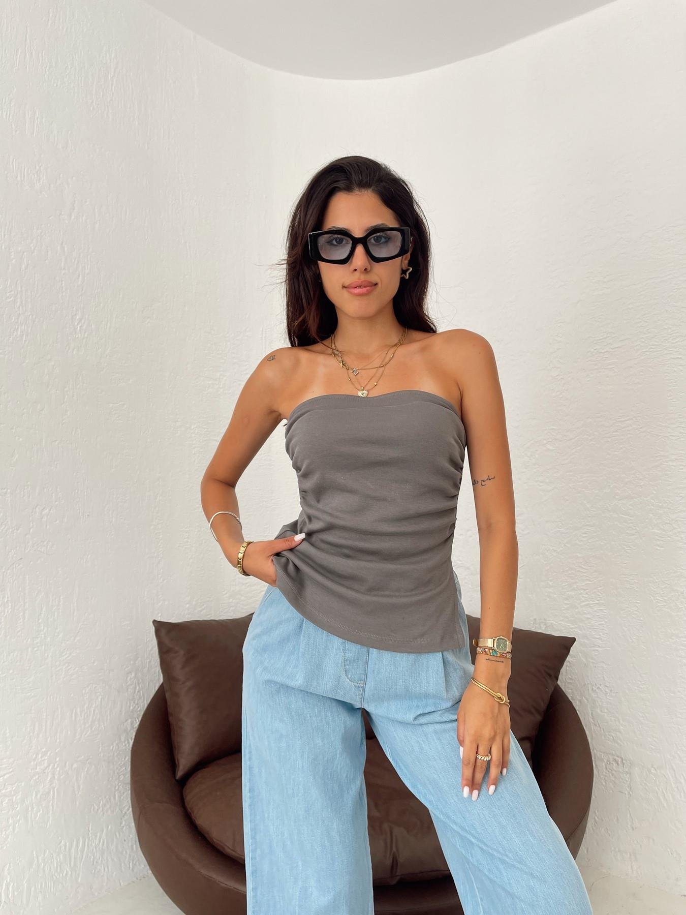 Straplez Yırtmaçlı Bluz ANTRASİT