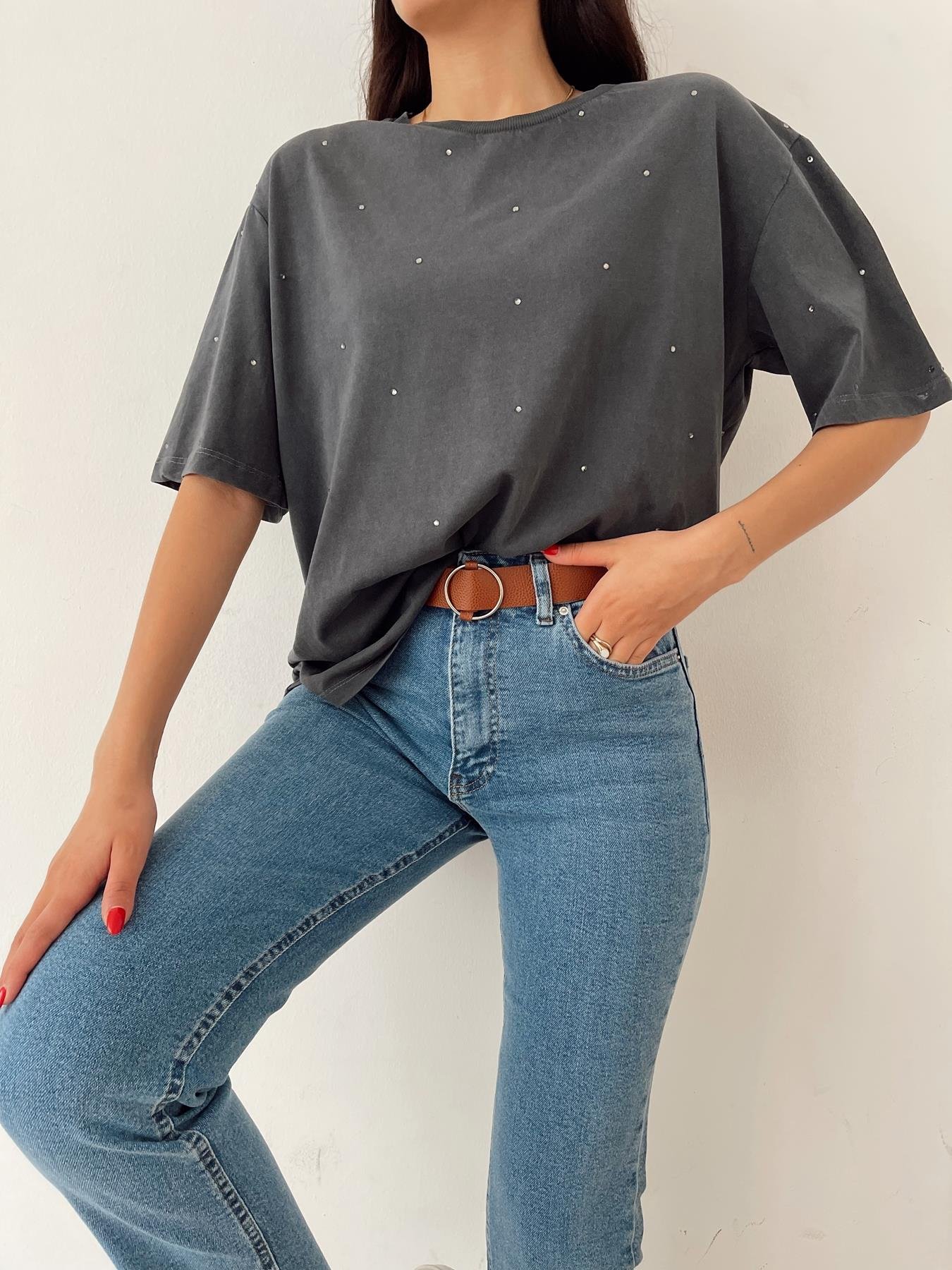 Taş Baskılı Tişört ANTRASİT