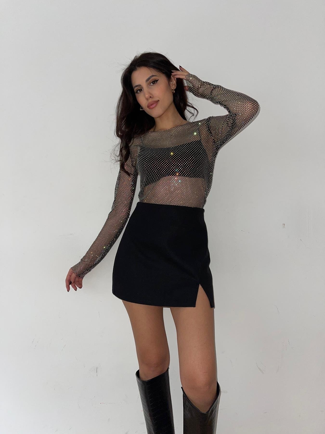 Taş Detaylı Uzun Kollu Bluz SİYAH