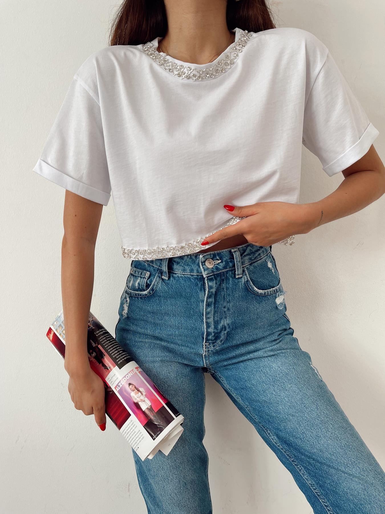 Taşlı Crop Tişört BEYAZ