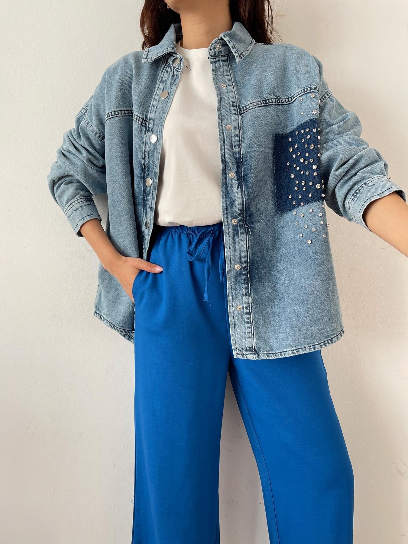 Taşlı Jean Ceket MAVİ