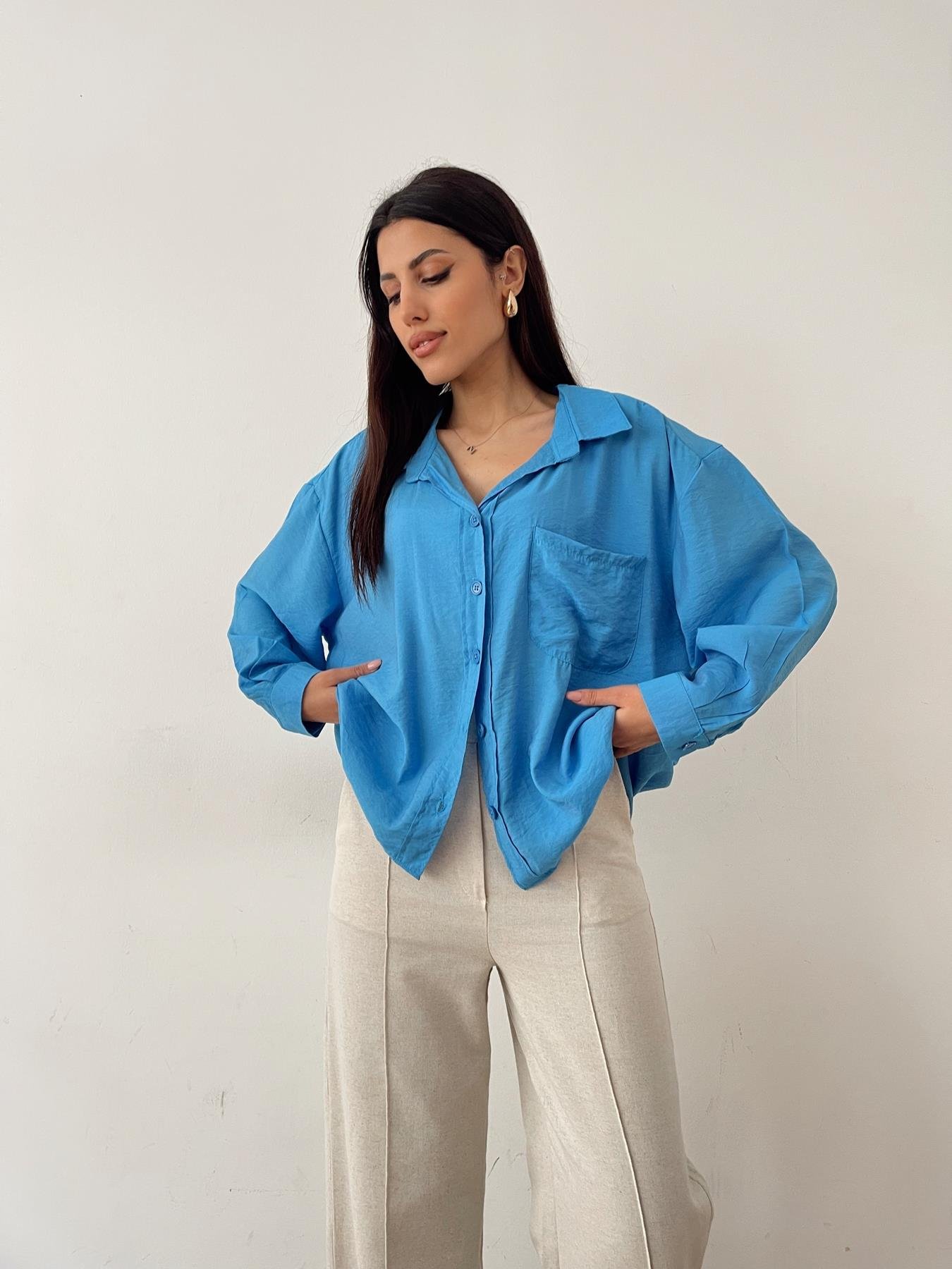 Tek Cep Oversize Gömlek MAVİ