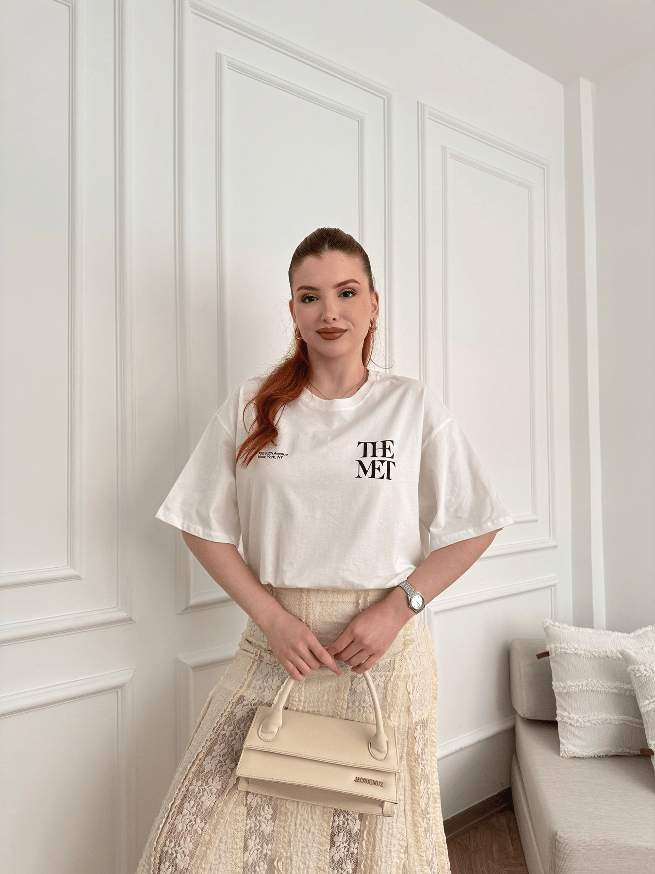The Met Baskılı Oversize Tshirt Ekru