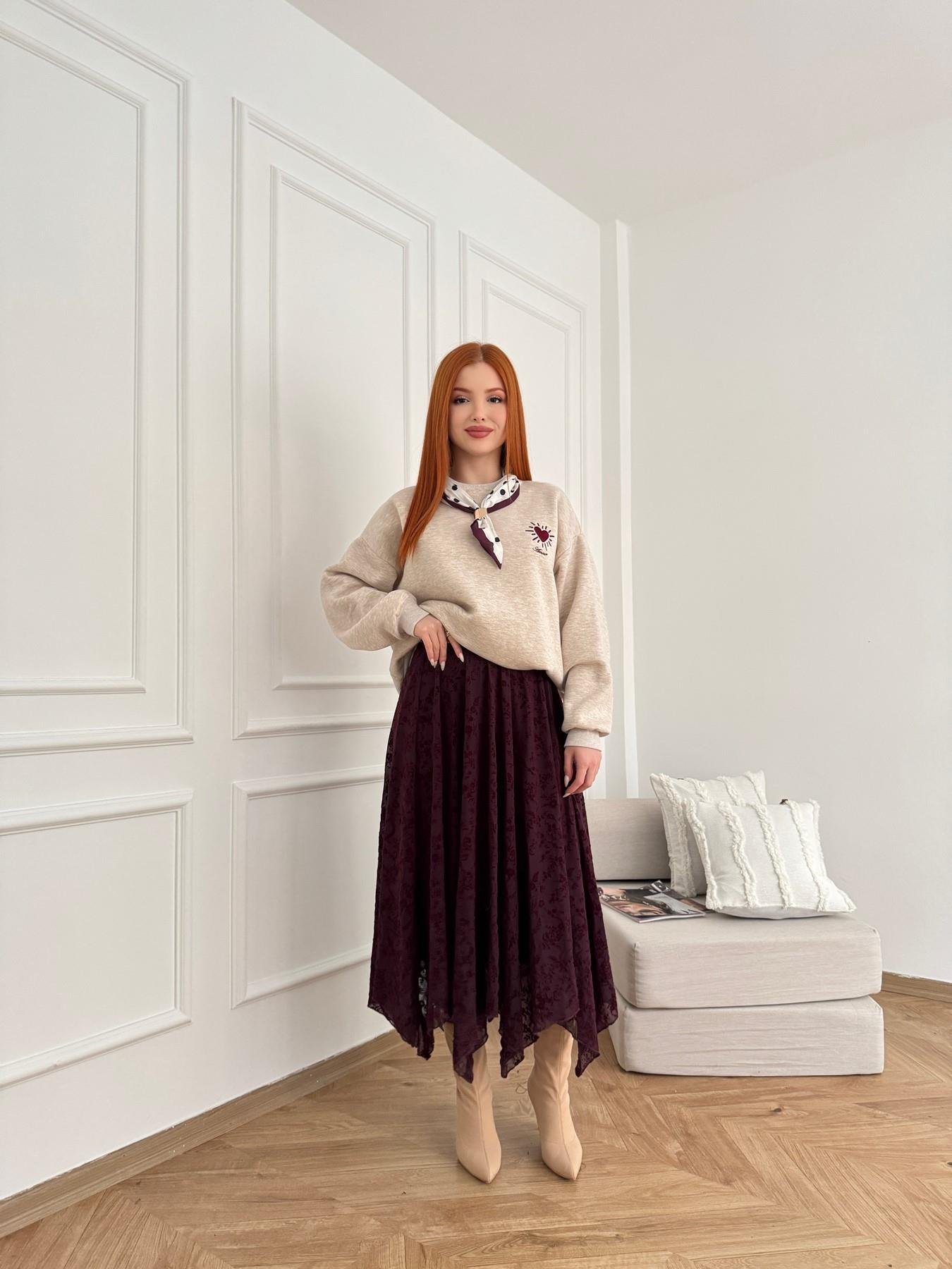 Tül Asimetrik Etek Bordo