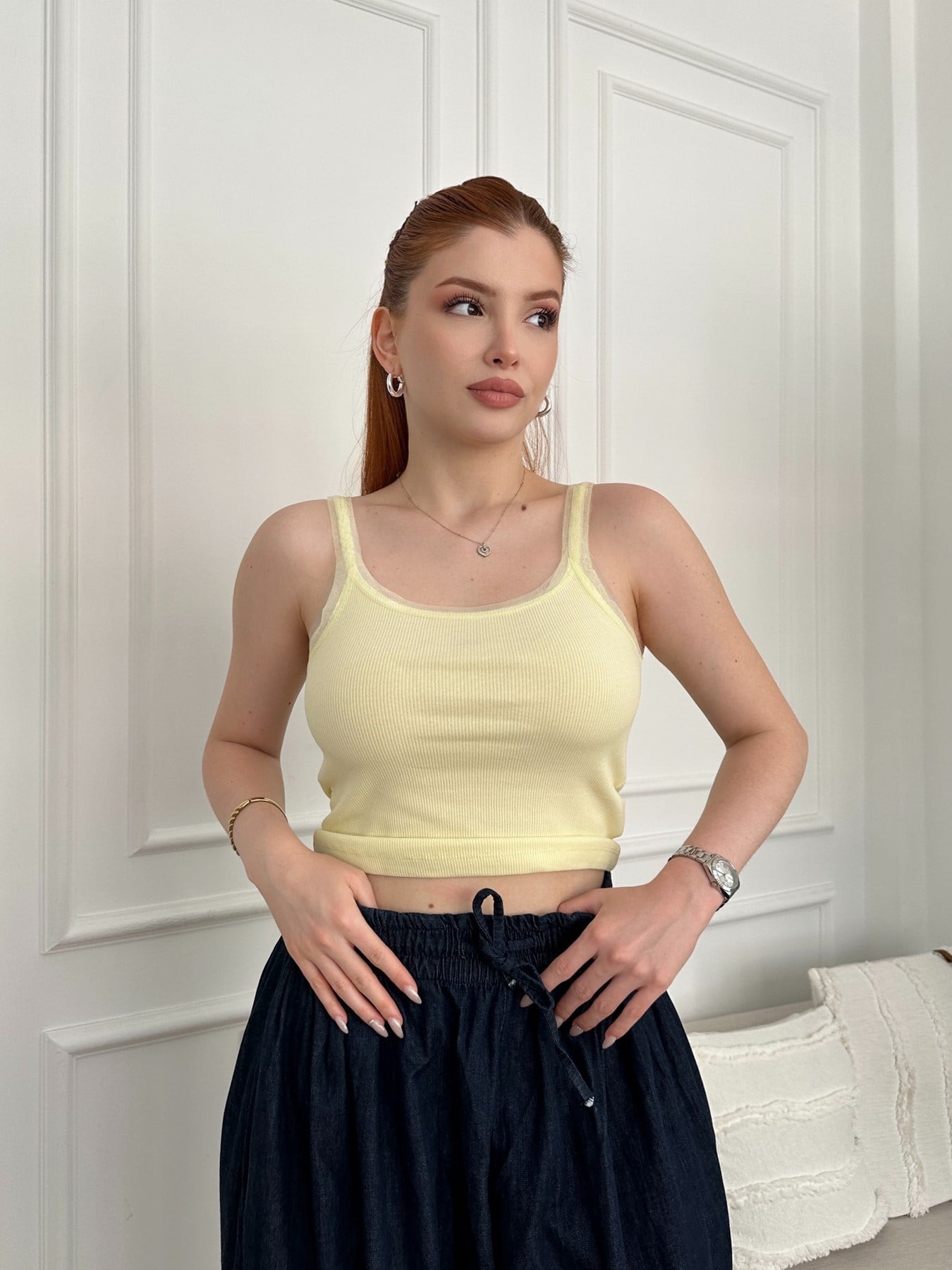 Tül Detaylı Askılı Atlet Sarı