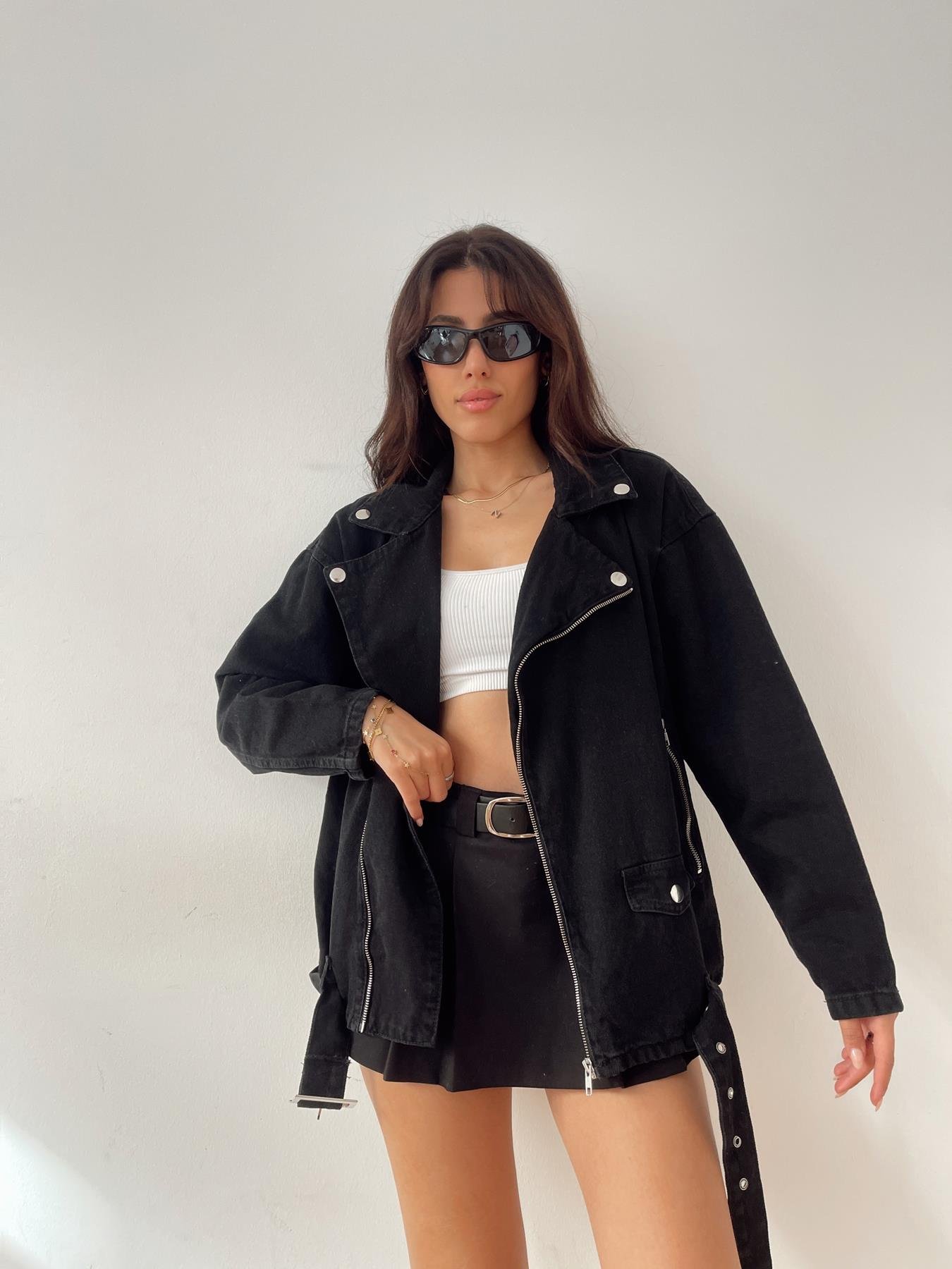 Uzun Kemerli Jean Ceket SİYAH