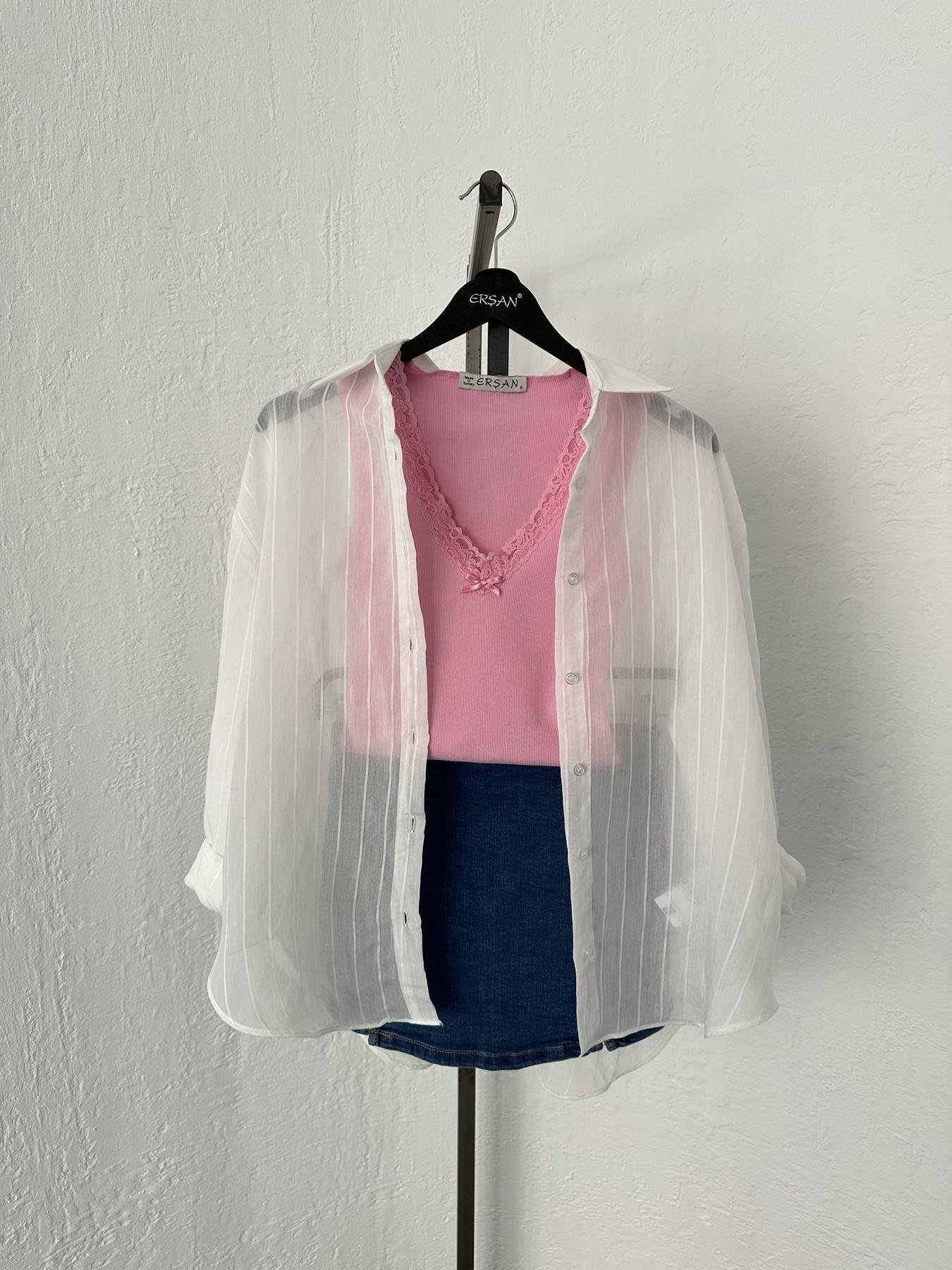 V Yaka Dantelli Atlet Açık pembe