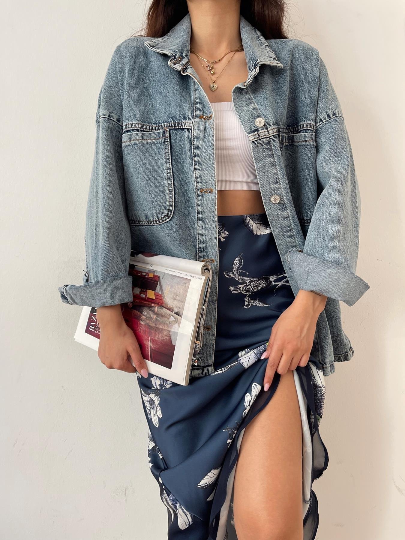 Yanı Yırtmaçlı Jean Ceket MAVİ