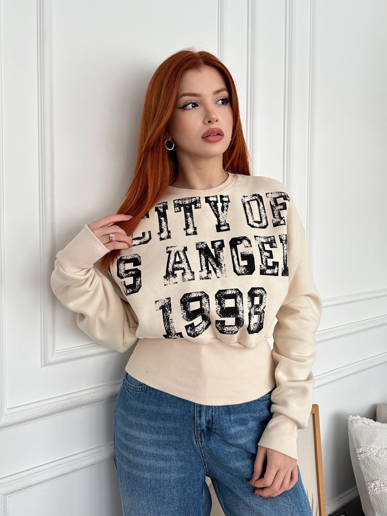 Yarasa Kol City Baskılı Sweatshırt Taş