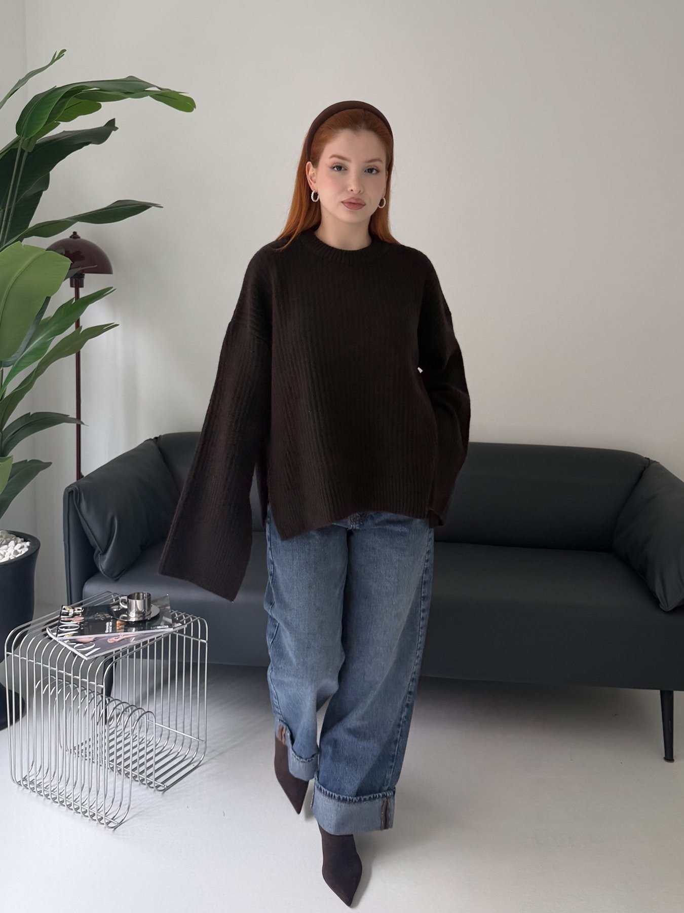 Yırtmaç Detay Oversize Triko Kahve