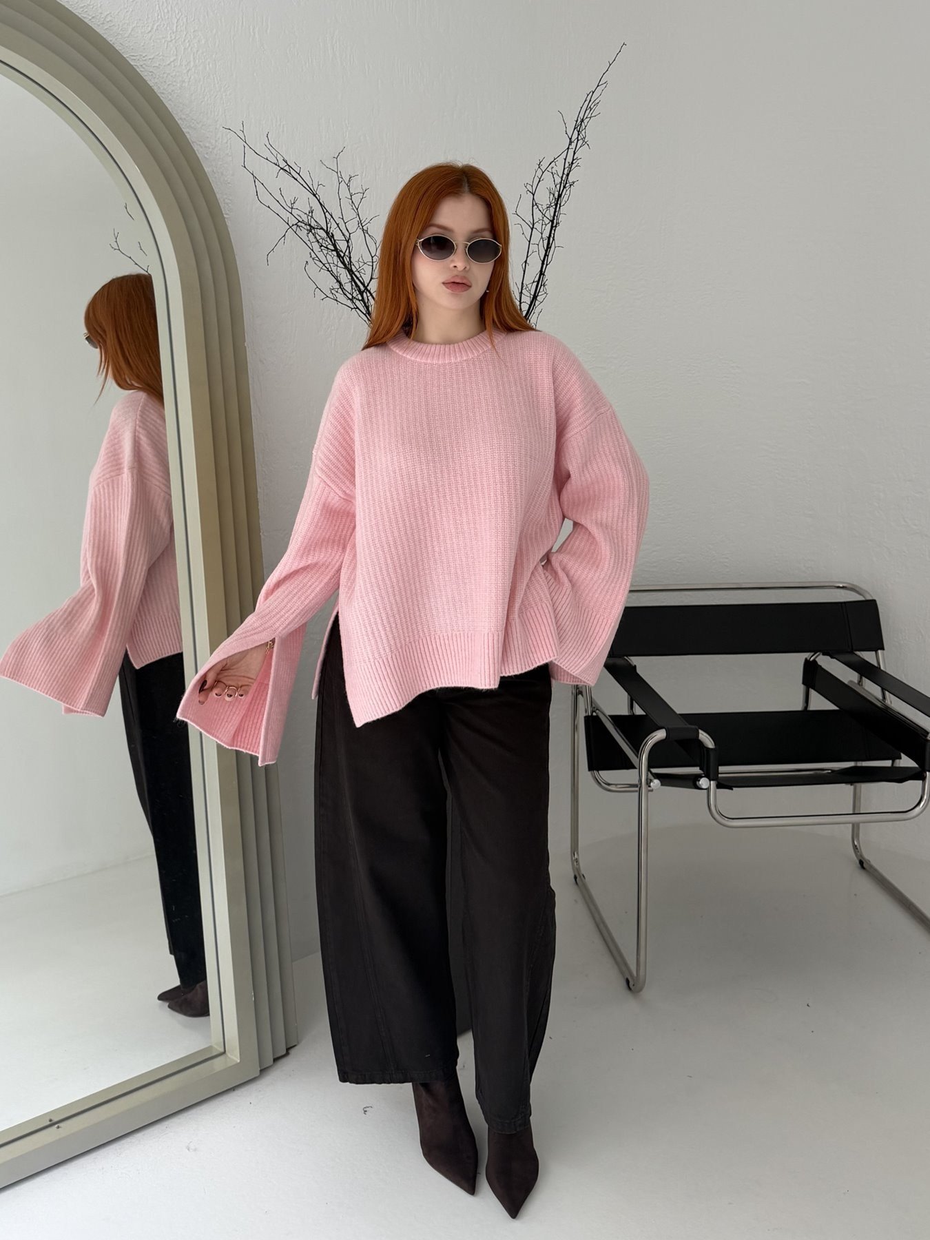 Yırtmaç Detay Oversize Triko Pembe