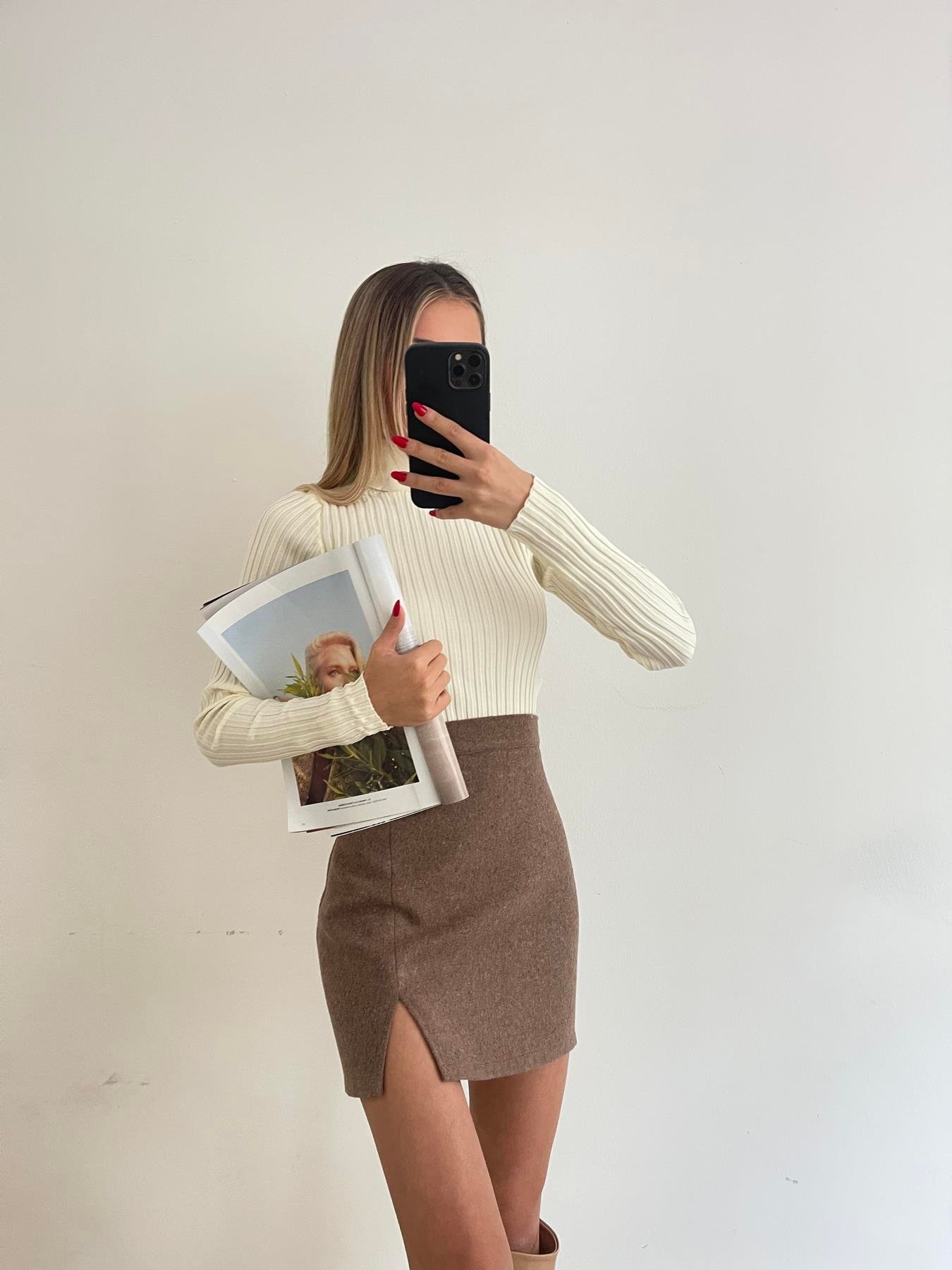 Yırtmaçlı Mini Kaşe Etek VİZON