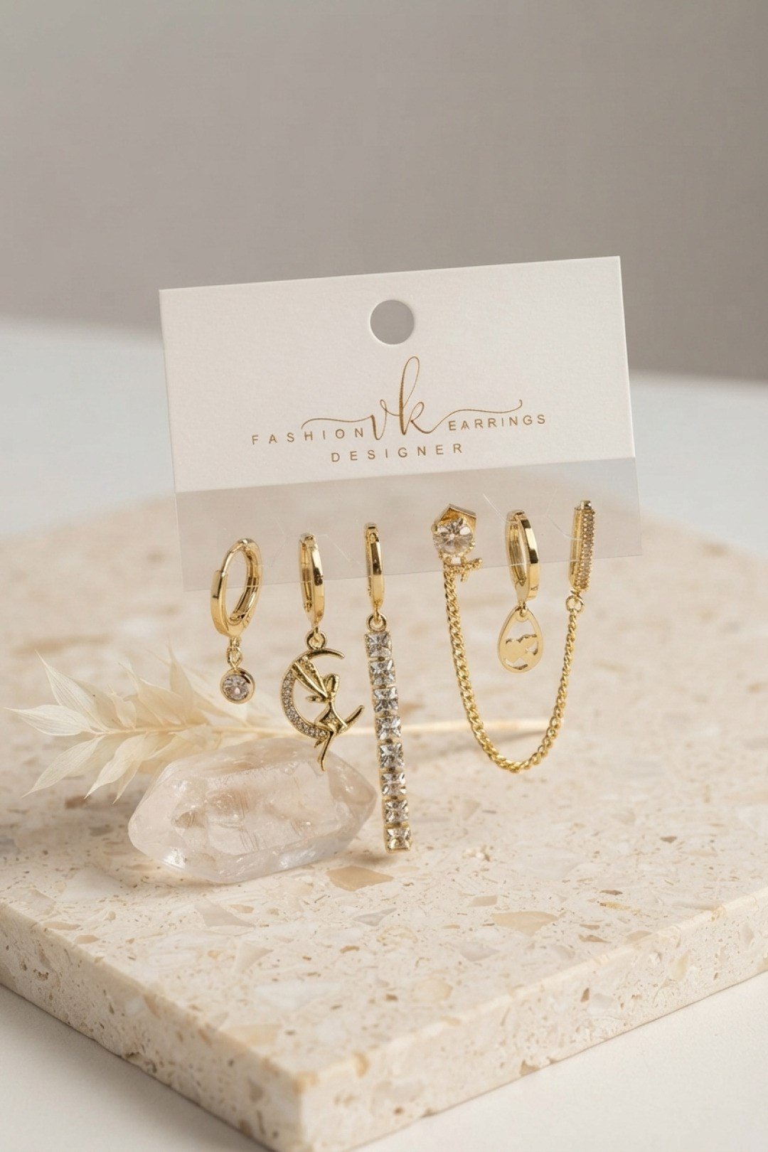 Gold Renk Pirinç Zirkon Taşlı 6'lı Küpe Set Kombini