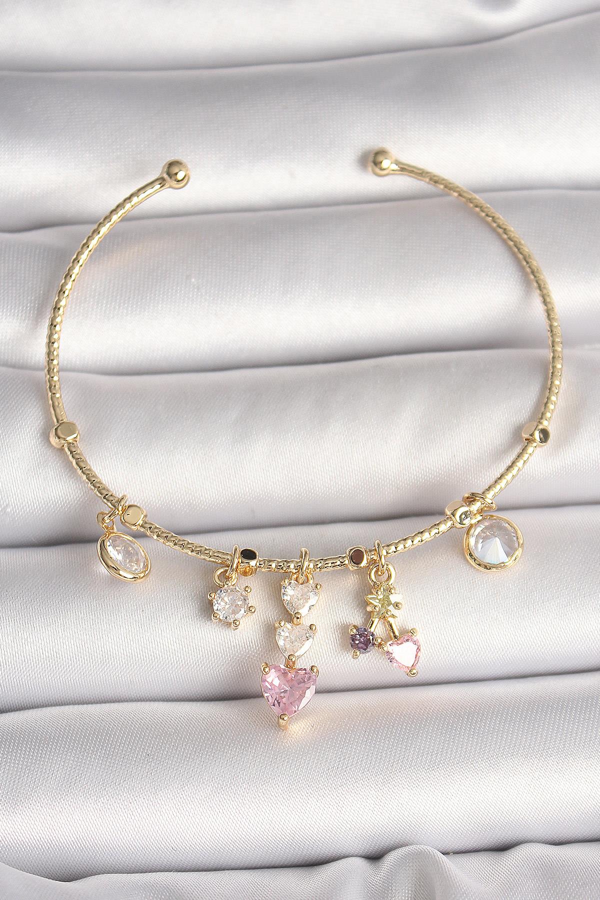 Pirinç Gold Renk Sallantı Zirkon Taşlı Kalp Figür Pembe Kalp Detay Charm Kadın Bileklik