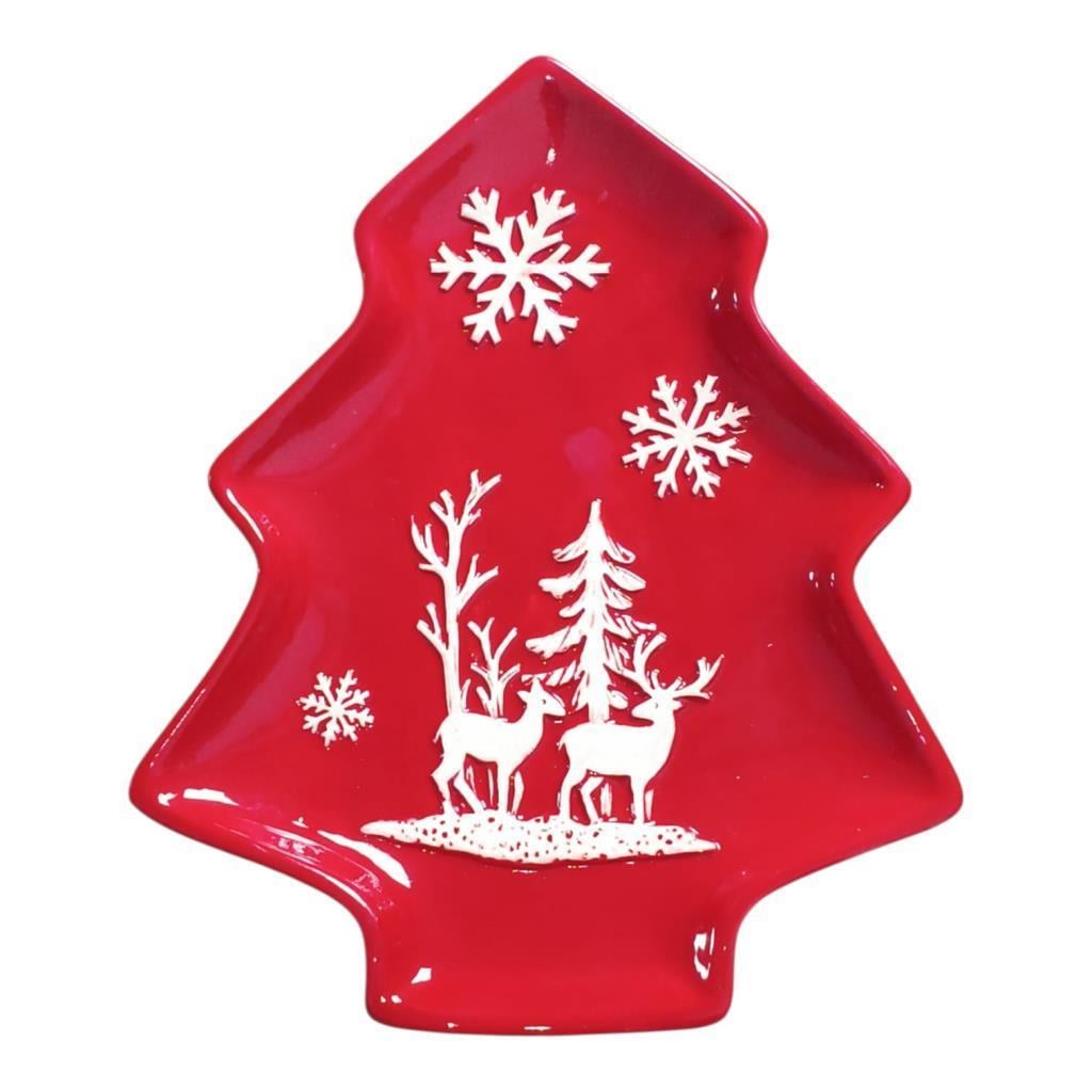1 Adet 24x17cm Seramik Çam Ağacı Tabak Yılbaşı Kırmızı Desenli