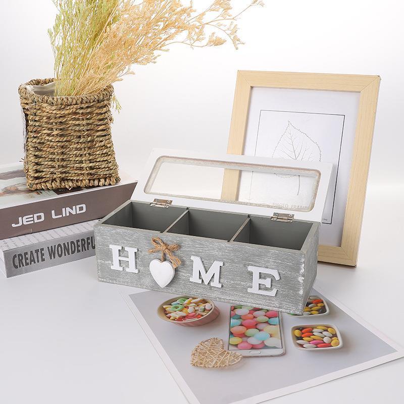 1 Adet 24x9x8cm Ahşap Kutu Organizer Home Yazılı 3 Gözlü
