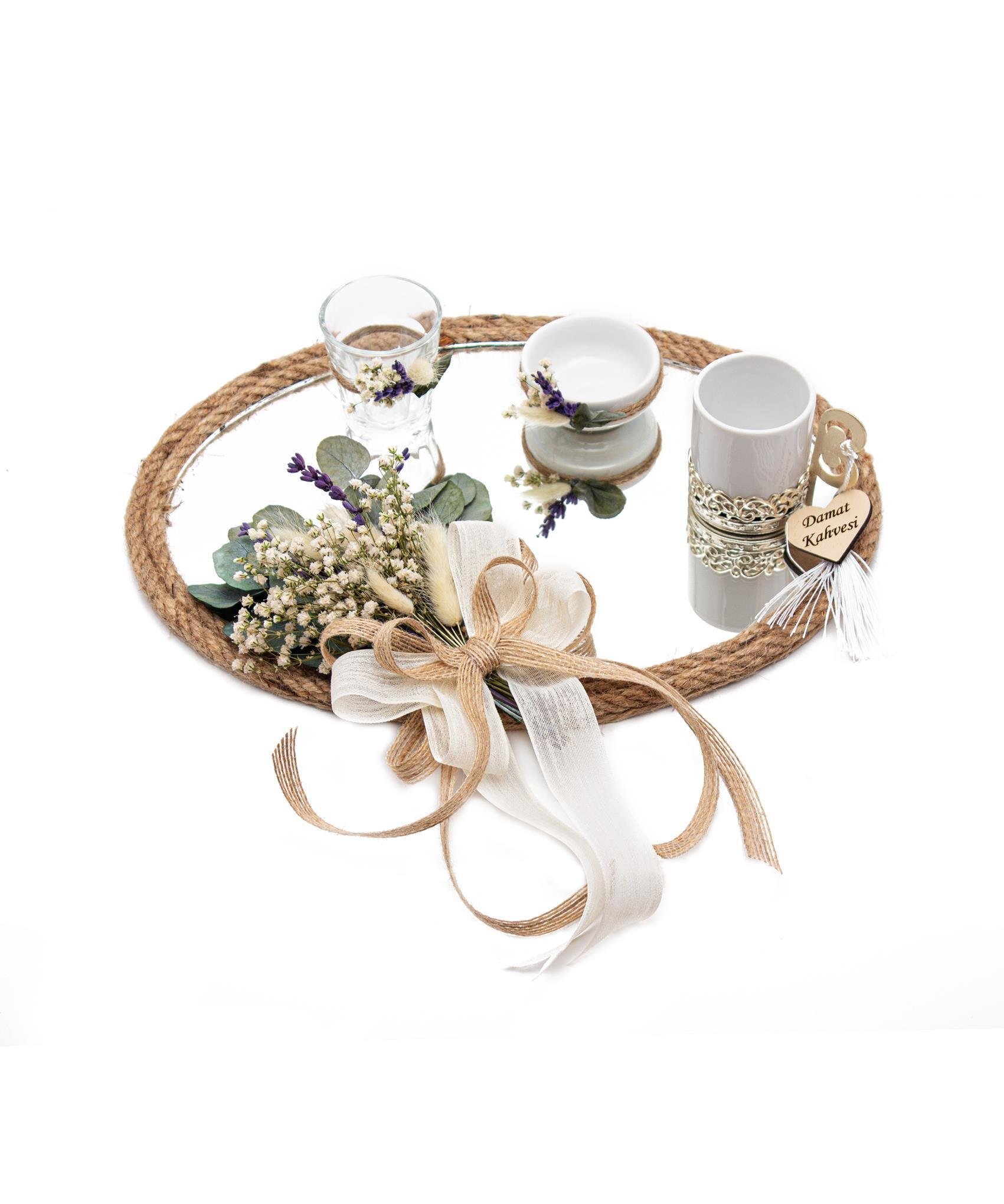 20cm Söz Nişan Damat Kahvesi Fincan Seti Doğal Çiçekli