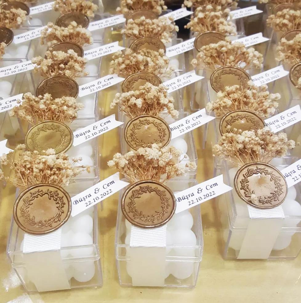 25 Adet 5x5cm Mühürlü Kutu İçinde Mum İsme Özel Söz Nişan Hediyesi