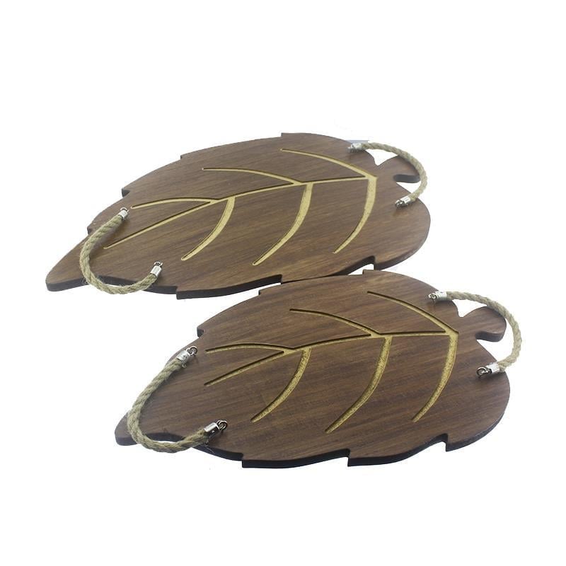 2li Tepsi Doğal Ahşap Yaprak Model Sunum Seti Stand